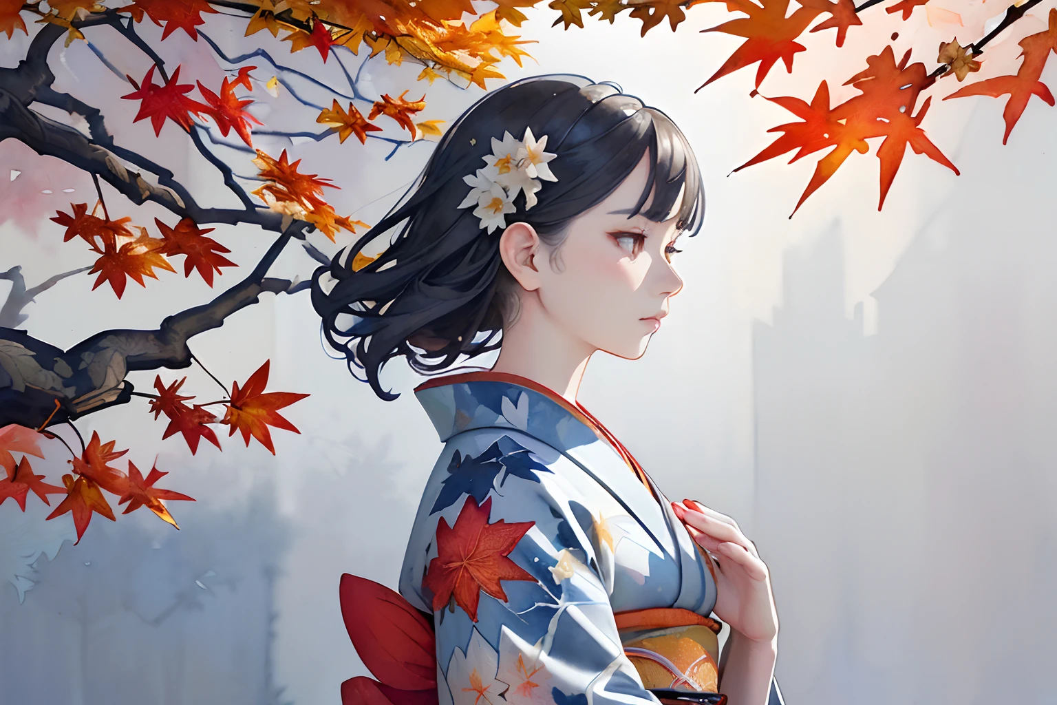 ((intricate details paint of gouache and watercolor technique), (1 girl of stunning watercolor illustration:1.2)), (front in maple leaves tree:1.3), (upper body of profile), (intricate detail shadow, (full classical), (flower kimono:1.3), (storm of maple leaves:1.3), full moon and light gray clouds, high contrast, (highly quality:1.1), sharp and maximum resolution, dappled lighting, serious face, (quiet atmosphere:1.2),