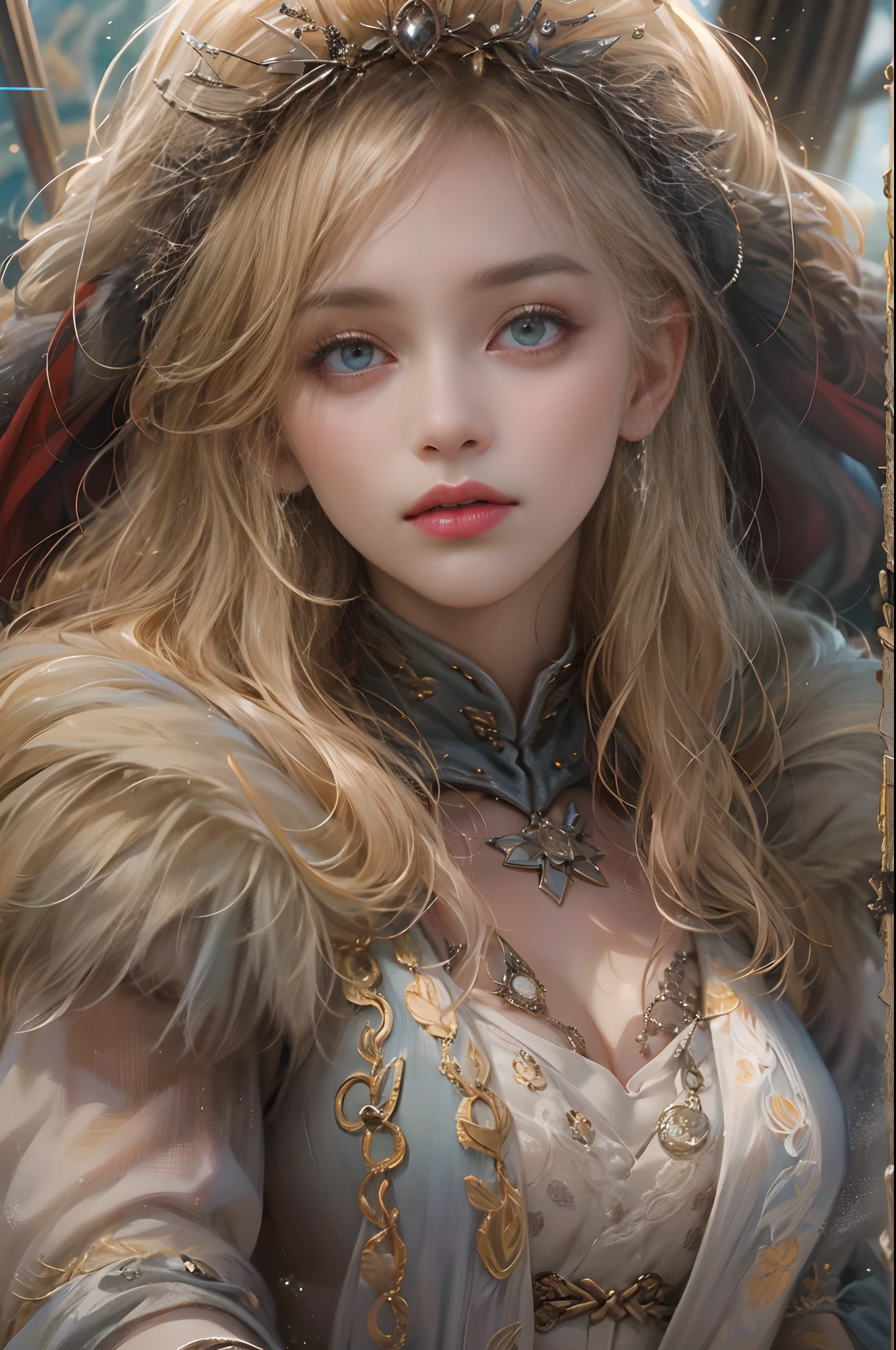 (absurdres, highres, ultra detailed, HDR), masterpiece, best quality, game of thrones movie character, pretty heroine, big anime eyes, young girl, sorcerer, detailed scenery, detailed character, art kenouji