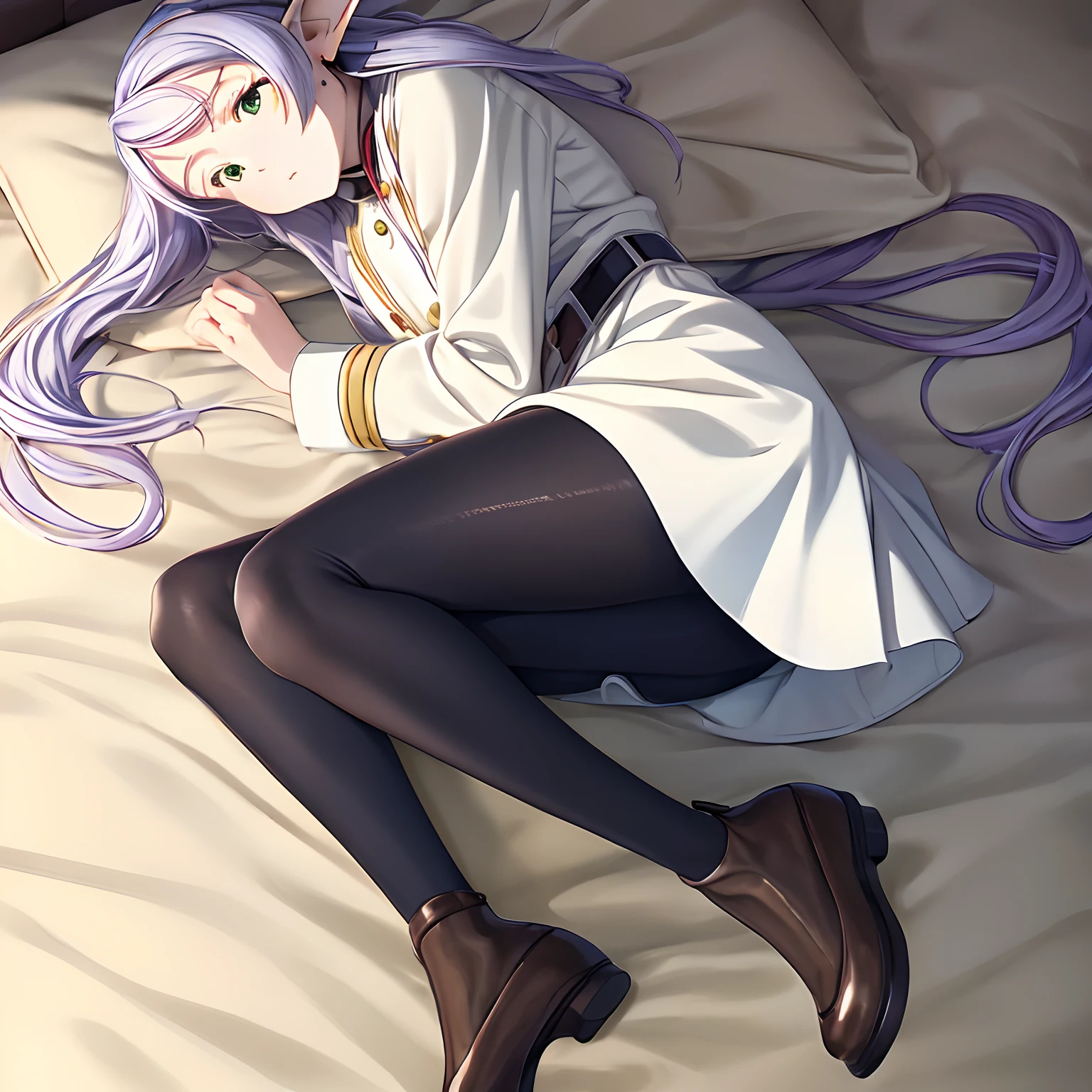 ((masutepiece)), (Best Quality), hight resolution, Ultra-detailed,
1girl in, earrings, elf, Long hair, Long sleeves, pointy ear, Solo, Twin-tailed, Green eyes, earrings, White hair, Looking at Viewer,
white capelet, long boots, Brown Footwear, ((Black pantyhose)),Bedroom、on the beds、(sleep)