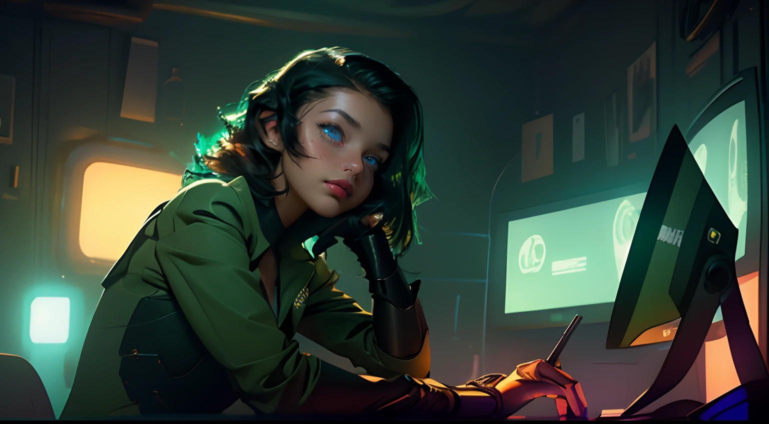 high resolution images, Cinematic lighting, cinematic texture, vivid color lighting, Cowboy Shot, Look at the viewer, Shoot head-on, (17-year-old woman in a dark green suit reminiscent of 1950s film noir:1.5), hyperdetailed face, Beautiful face, kawaii faces, Red hair, Wearing cyber headgear, short and wavy hair, Dark blue eyes, Big eyes, small nose, thin lips, peaceful face, shiny eyes, Hands on the table, sitting on, Holding a piece of paper in her hand, Deep and wide々And inside the cyberpunk room, Scattered stationery and cluttered desks, Many monitors in the background, (Retro small monitor on a table that emits light), Intense light from behind creates streaks of light, Backlit hair, Positive reflection illuminating her face, There is a large window in the background, Cyberpunk in the background