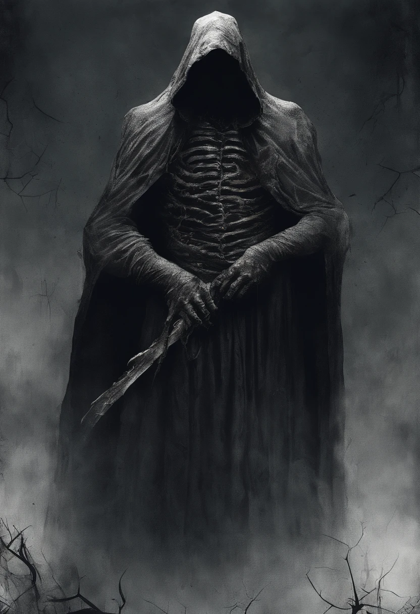 waist up, very old, half of the face deformed and melted, tall, two meters, black aura, scary, dirty, beggar, short gray hair, pale and wrinkled skin, sparse beard, yellowish pupils, hunched posture, penetrating and evil, torn clothes,(hoddy) cloak of raven feathers on the back, body covered with bands and hood, fog, horror, fear, frightening, suspense, mysterious