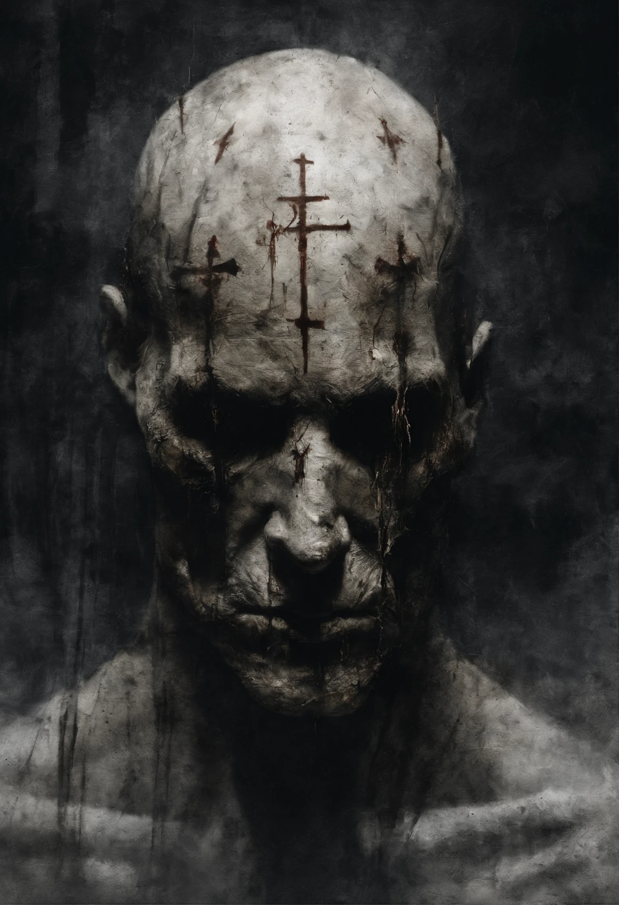 There is a man with a knife and a cross on his head, digital art 4k unsettling, Eric Lacombe, Концепт-арт Silent Hill, by Adam Marczyński, inspired by Bill Sienkiewicz, by Ludwik Konarzewski Jr, Tadeusz Pruszkowski, by Ludwik Konarzewski