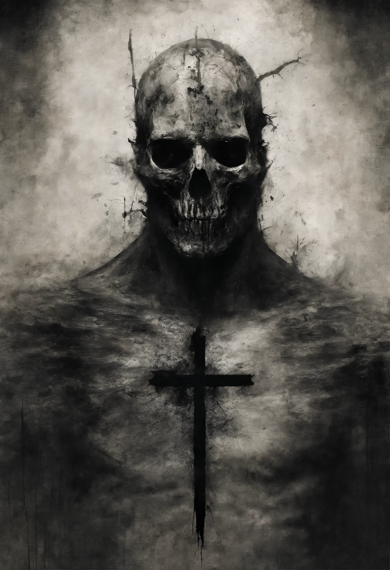 There is a man with a knife and a cross on his head, digital art 4k unsettling, Eric Lacombe, Концепт-арт Silent Hill, by Adam Marczyński, inspired by Bill Sienkiewicz, by Ludwik Konarzewski Jr, Tadeusz Pruszkowski, by Ludwik Konarzewski