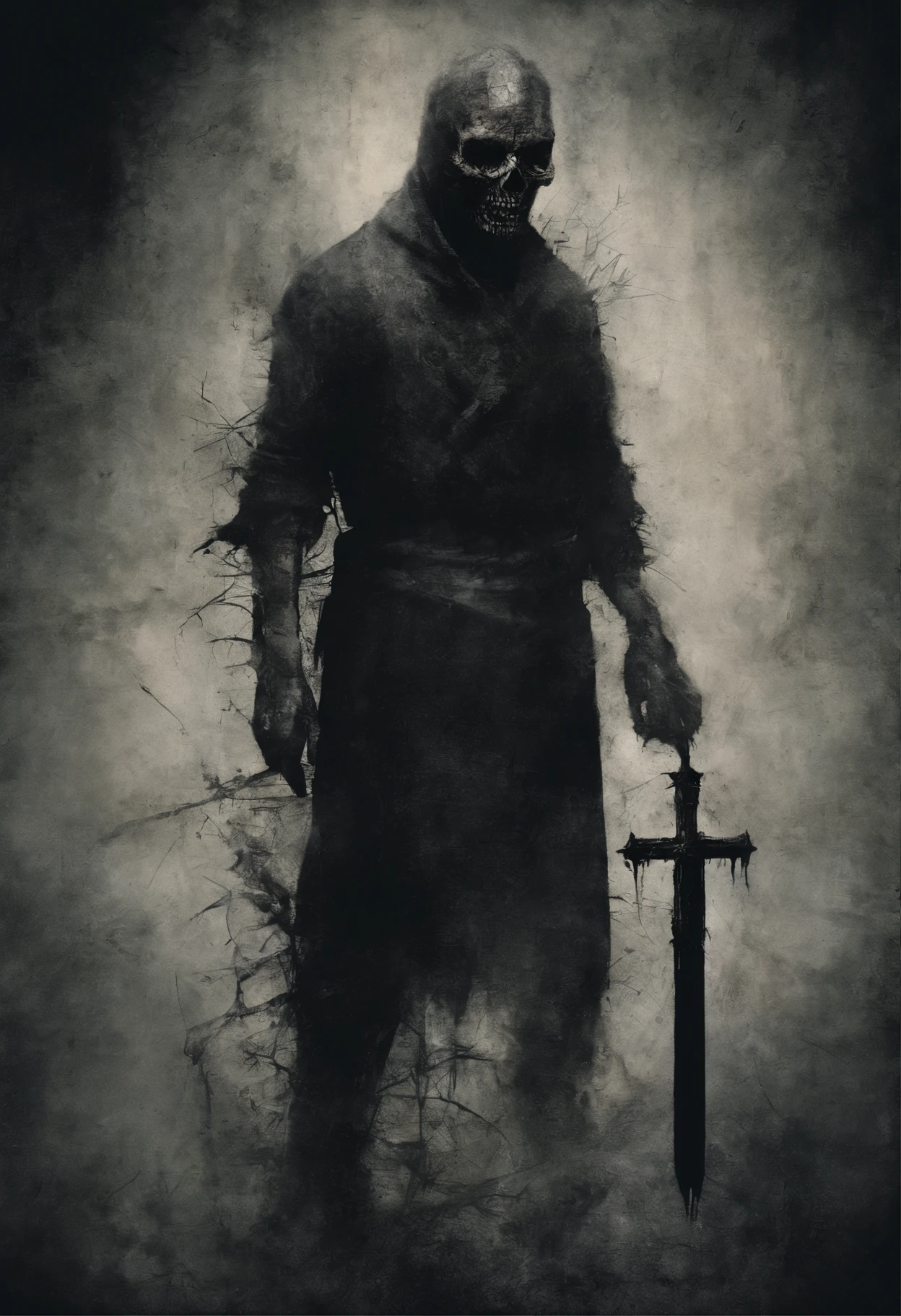 There is a man with a knife and a cross on his head, digital art 4k unsettling, Eric Lacombe, Концепт-арт Silent Hill, by Adam Marczyński, inspired by Bill Sienkiewicz, by Ludwik Konarzewski Jr, Tadeusz Pruszkowski, by Ludwik Konarzewski