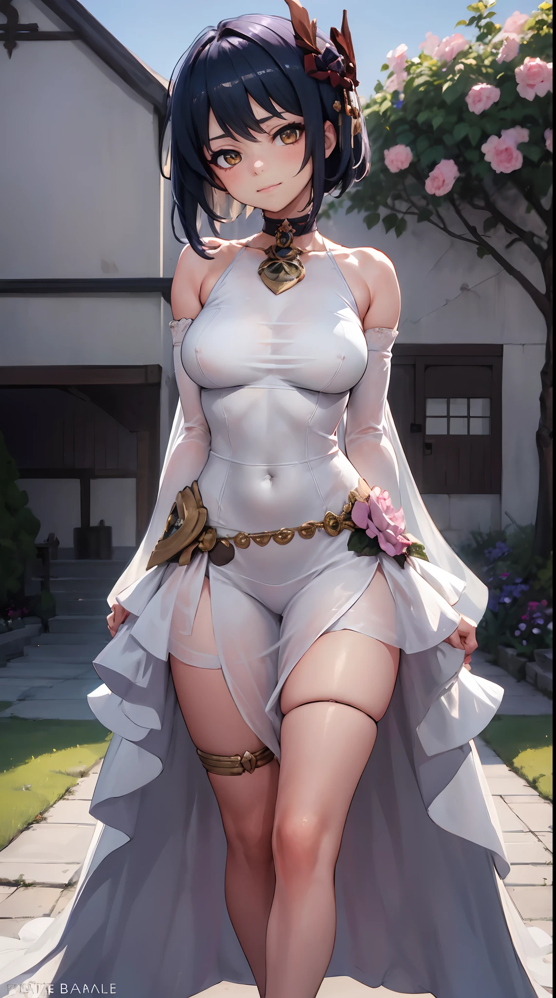Kujou Sara| genshin impact, master-piece, bestquality, 1girls,25 years old, proportional body, proportional., Wedding Dresses, White Wedding Dress, Long skirt, mediuml breasts, ,bara, choker, Standing in the middle of a flower garden, outdoor, The sky is beautiful, arm behind back, View viewers from the front., Thigh strap, Head tilt, bored, HD, slight smile,