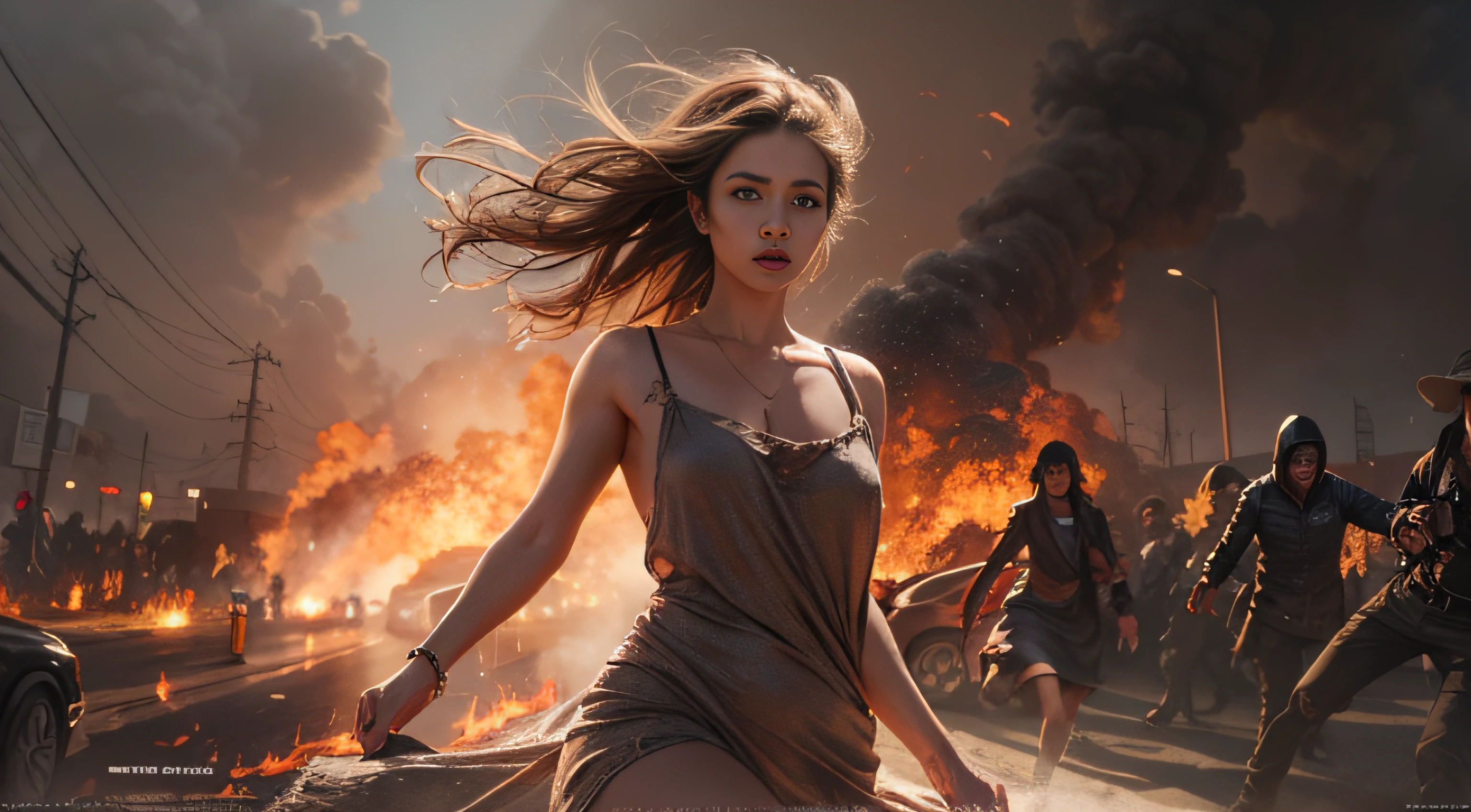 sunny mid day，She wore a short slip dress，Run away on the road, Behind her, There is a large group of zombies chasing, Flames and general destruction, The darkness of the Dark Ages，Medium shot，Cinematic light and shadow，8K clarity，Upper body appearance