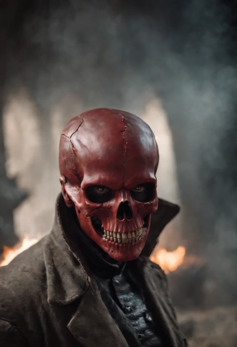 imagine um personagem de terror, Male with human body and skull head, With the realistic red skull