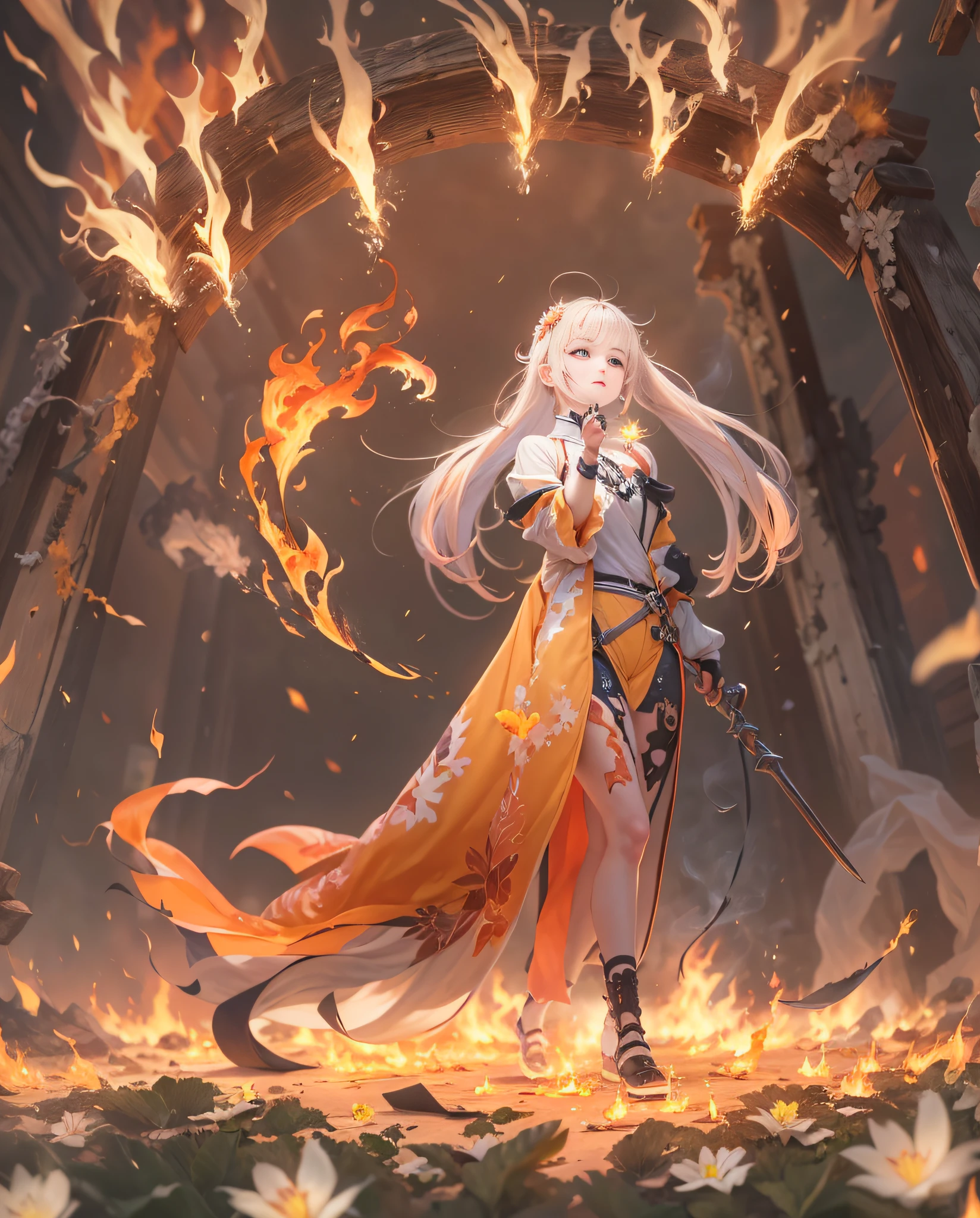1girl, bangs, breathing fire, burning, burnt clothes, embers, ahoge, beige hair, multicolored hair, fire, flame, flaming sword, (hand on hilt), standing, long hair, pyrokinesis, expressionless, smoke, flower(symbol), solo, sparks, sunset, twilight, white flower, molten rock, lily (flower), fiery flower, depth of field, burning ,