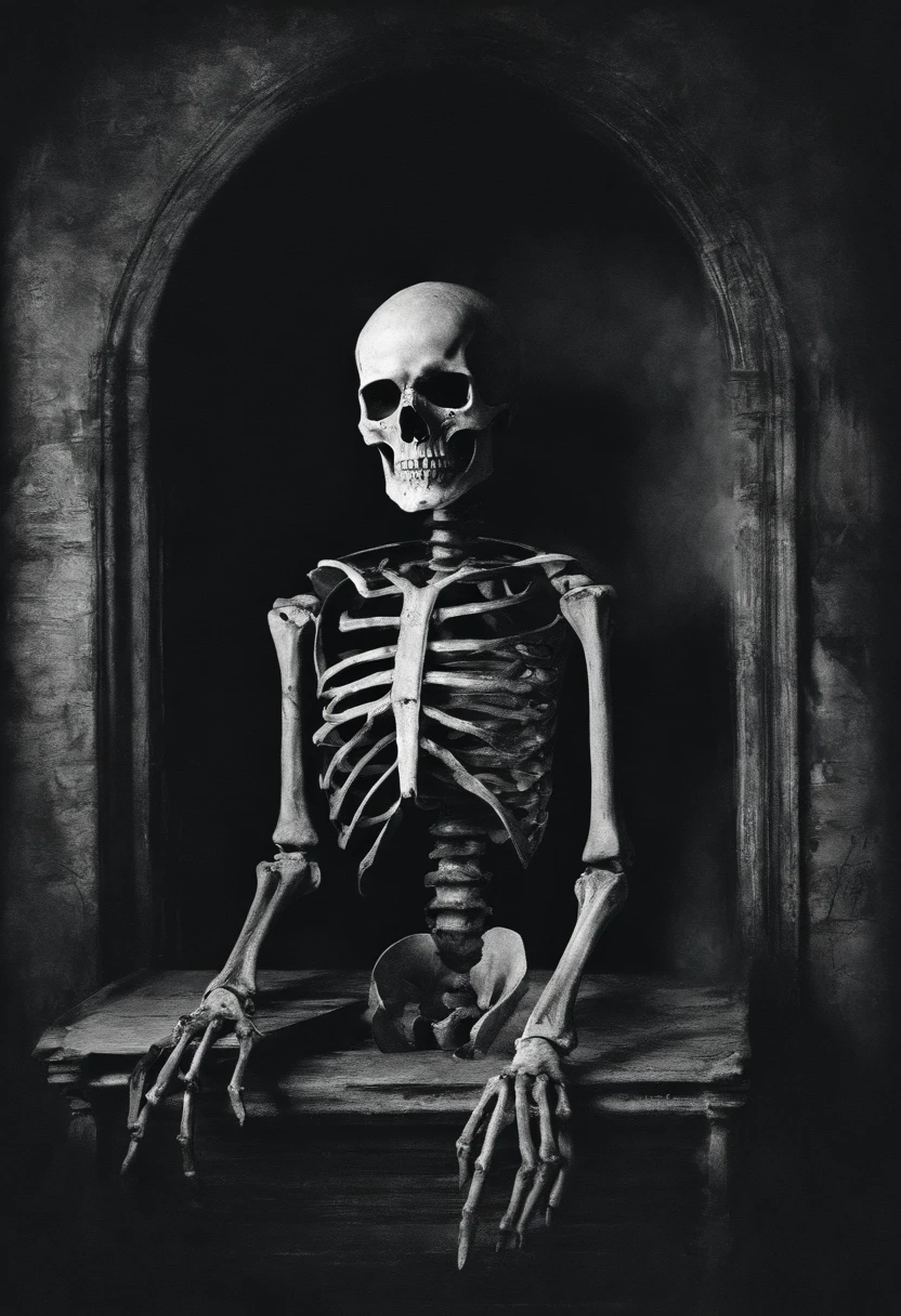 (best quality,realistic:1.37),dark realistic skeleton, detailed bones, haunting atmosphere, eerie shadows, masterful shading, Gothic art style, high contrast, black and white, ethereal lighting, macabre details, moody and atmospheric, fine art quality, chilling presence, wearing hoddy, dead