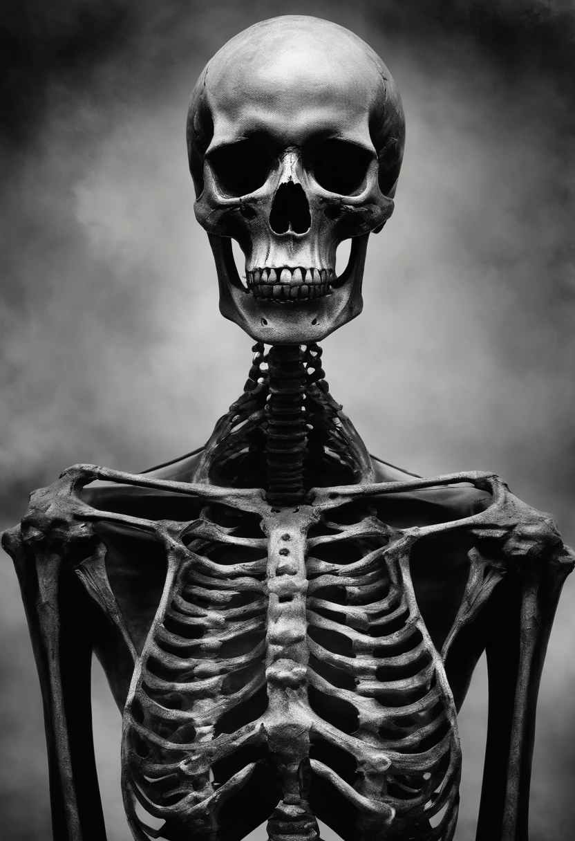 (best quality,realistic:1.37),dark realistic skeleton, detailed bones, haunting atmosphere, eerie shadows, masterful shading, Gothic art style, high contrast, black and white, ethereal lighting, macabre details, moody and atmospheric, fine art quality, chilling presence, wearing hoddy, dead