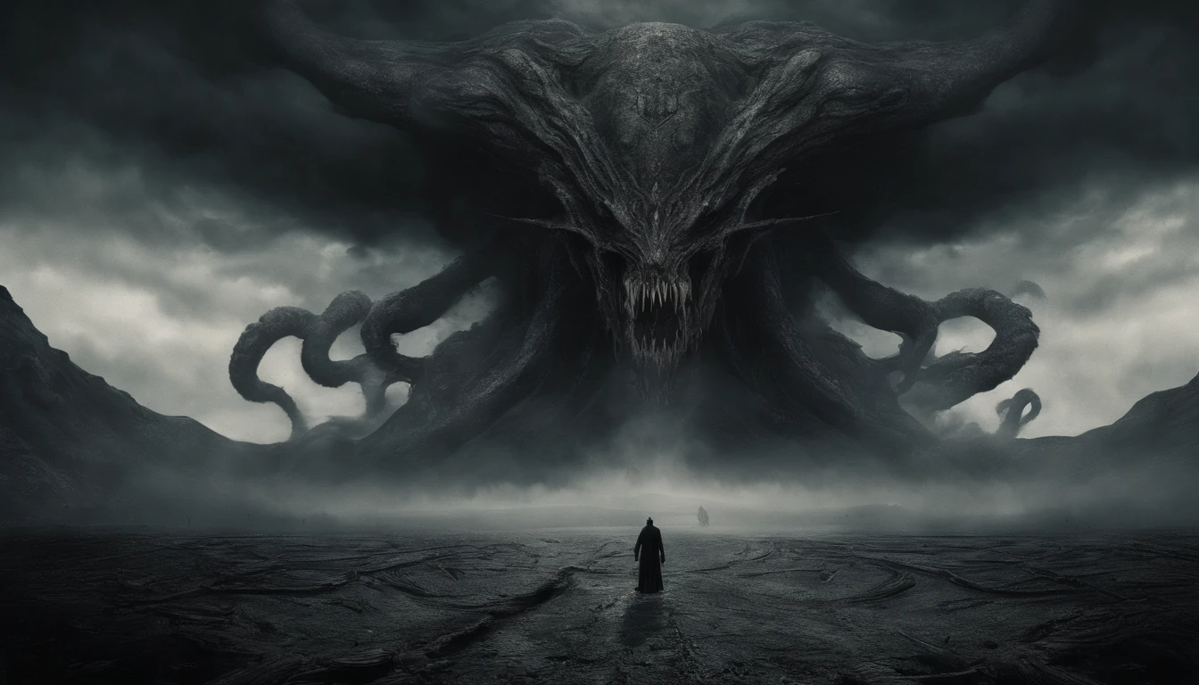 (masterpiece), best quality, the ground split in two showing a huge chasm descending into darkness with smoke rising. dramatic angle, extreme angle shot, low-angle shot, wide-angle shot, dark moody storm-clouds sky, lovecraftian,visceral,nightmare,tentacles,dreadful humanoid,imagination,fantastical,dramatic,dark tones,paranormal,macro lens,surreal juxtaposition,lovecraftian,cosmic horror,horror,c'thulhu background