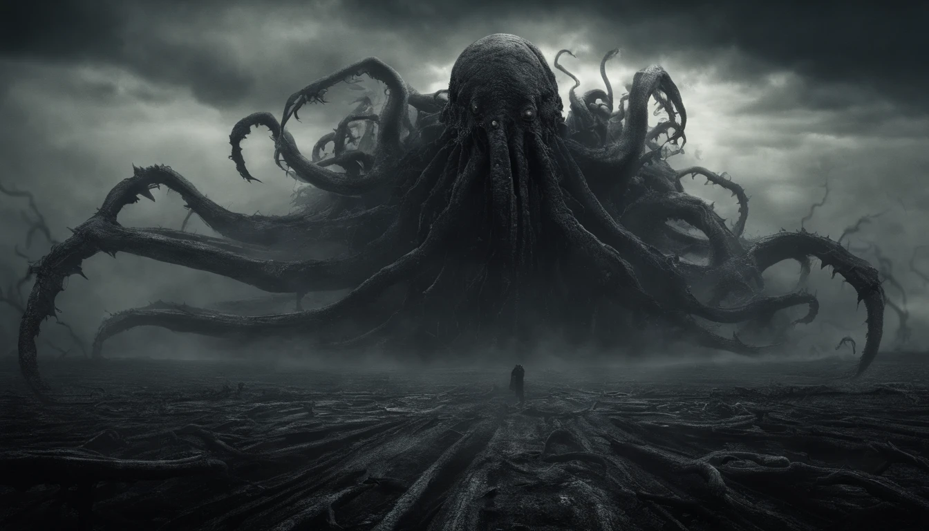 (masterpiece), best quality, the ground split in two showing a huge chasm descending into darkness with smoke rising. dramatic angle, extreme angle shot, low-angle shot, wide-angle shot, dark moody storm-clouds sky, lovecraftian,visceral,nightmare,tentacles,dreadful humanoid,imagination,fantastical,dramatic,dark tones,paranormal,macro lens,surreal juxtaposition,lovecraftian,cosmic horror,horror,c'thulhu background
