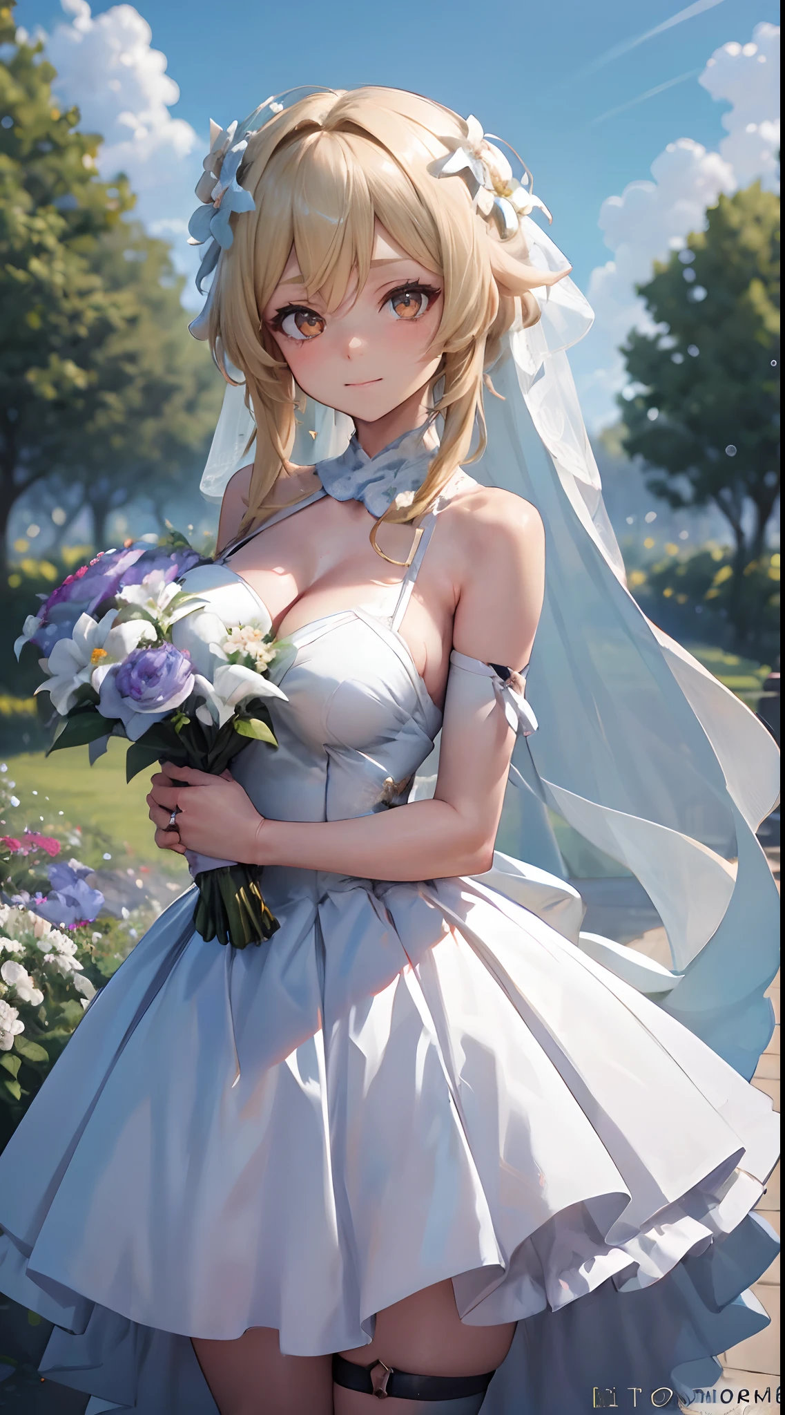 Lumine | genshin impact, master-piece, bestquality, 1girls,25 years old, proportional body, proportional., Wedding Dresses, White Wedding Dress, Long skirt, wedding, mediuml breasts, ,bara, Standing in the middle of a flower garden, outdoor, wedding, The sky is beautiful, Both hands hold a bouquet of flowers...................., View viewers from the front., Thigh strap, Head tilt, bored, 10, 10, HD, slight smile,