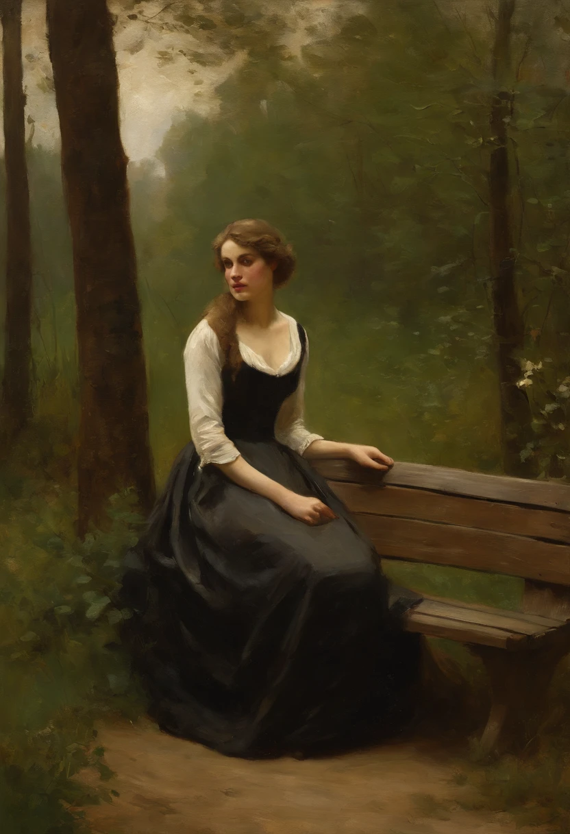 Painting of a Woman, Sitting on a bench in a wooded area, Eine junge Frau, Classical oil painting, von Jean Baptiste Camille Corot, young woman, Mihaly Munkacsy, inspired by Adolf Hirémy-Hirschl, William - Adolphe Bouguerea, junges Weibchen, Kizi, junge frau in einem kleid, Ron Hicks