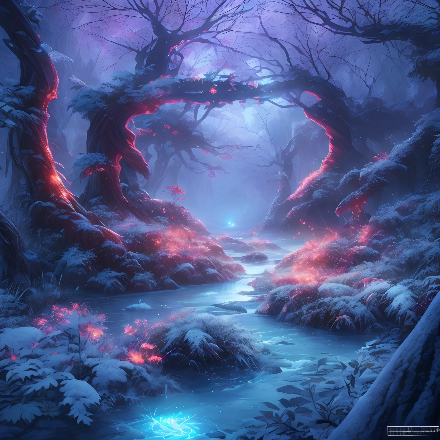 tmasterpiece，Best quality at best，high high quality，extremely detaile，8K，Fantastic snow and ice jungle，Colorful ice magic，glowing sprites，Natural elements in the forest theme，Colorful snow and ice jungle，Epic fantasy art style，Delicate leaves and branches are surrounded by fireflies（nature elements），（Jungle theme），（Foliage），（tree branch），（glowworm），（Particle effect）and other 3D， Octane rendering，Ray traching，Super meticulous，Depicting the harmony between man and nature, Epic fantasy art style, Epic fantasy art style HD, Epic fantasy digital art style, by Yang J, trending on artstation pixiv, Anime fantasy illustration, Beautiful ancient frost, Arte conceitual de inverno,