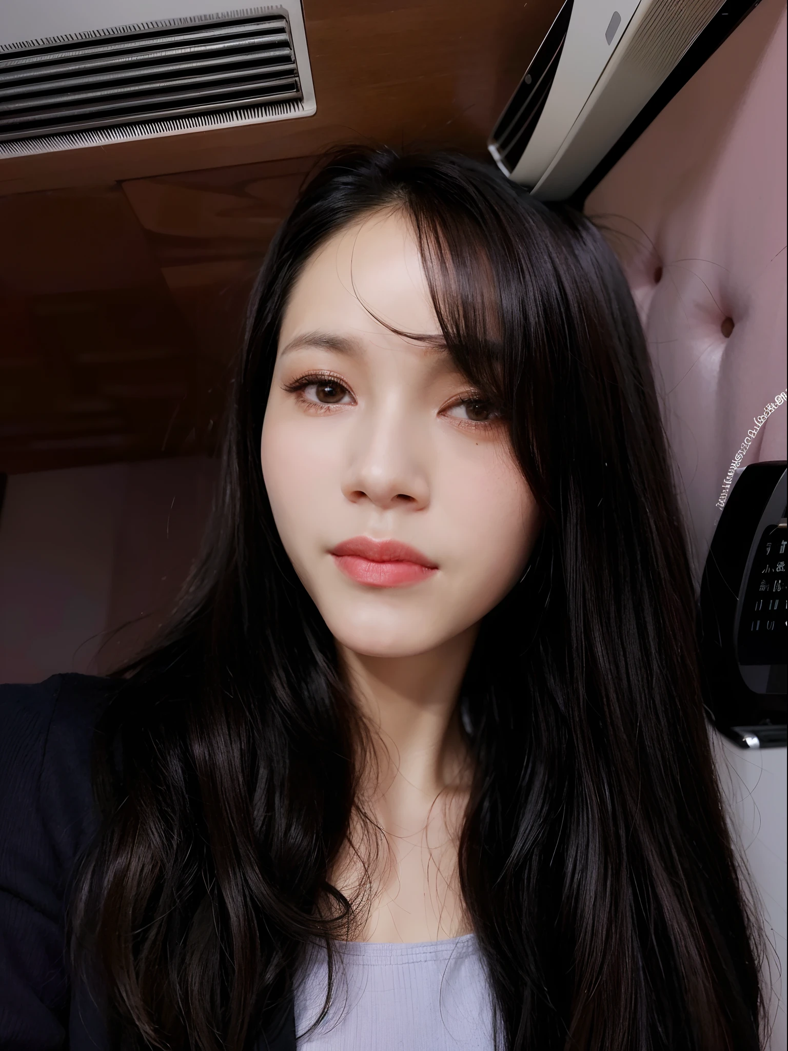 High quality image, masterpiece, detailed hair texture, detailed skin texture, detailed cloth texture, 8k, add fabric details, ultra detailed skin texture, ultra detailed photo, skin pores, cloth details, high skin details, realistic hair details, there is a woman with long black hair and a gray shirt, with long hair, asian girl with long hair, young cute wan asian face, asian face, mai anh tran, 8k selfie photograph, a young asian woman, xintong chen, south east asian with round face, korean girl, wide forehead, chinese girl, young asian girl, lovely delicate face