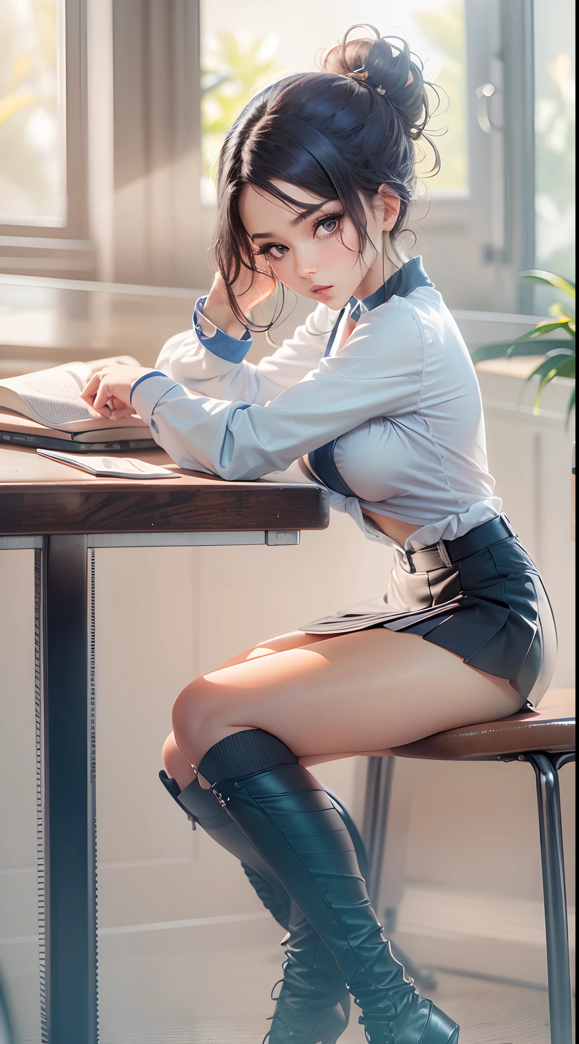 Studio background, Student, medium sized boobs, blue pleated mini skirt, white unbuttoned blouse, focus on boobs, leaning against desk, full body shot, attempt to seduce viewer with boobs, seductive look, hair bun, black hair, seductive pose, dynamic shoot