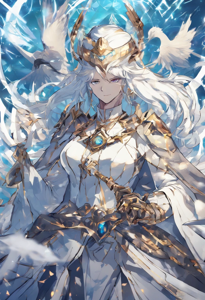 Efeito de luz azul, dynamic light effect, Gere uma imagem em 4k do personagem do anime Swallowed Star, junto com o do anime 100.000 Years of Refining Qi, usando post-processing, imagem premium Gold, Colors: Mystic Silver, personagem masculino, masculine appearance, CGI AVANÇADO, vestido um traje de couro branco com asas de cisne, All in perfect harmony and connection with the scenery. Essa imagem ele vai tar com uma postura reta e brilhante, and with his Mystic Saint Grade Sword God Spirit Rank. Cacateristica da Espada, White with jade and overworld metal all taken from anime and fiction. I want this image in oil ink edited in 4k FULL HD and with sub-pixel elements and pixels at maximum so as not to leave matte elements, desempenhe um Ser Criativo e com uma Face poderosa, com Olhos dourodos e emitindo uma Aura branca Amarelada, Make combinations to make this image look more stunning, Don't limit anything, Enhance and detail every stroke of the painting and graphic, take your best prompts available within the Seaart schedule to generate the best possible image and mumca ever made in Seaart and also no variant and yes, mantendo o estilo original e deslumbrante. Negative prompt: Don't make matte sub-pixel mistakes and don't fumble while generating that image either, Read and re-read and recompose the best details and colors and effects and effects settings and graphics all the way I asked, ok.