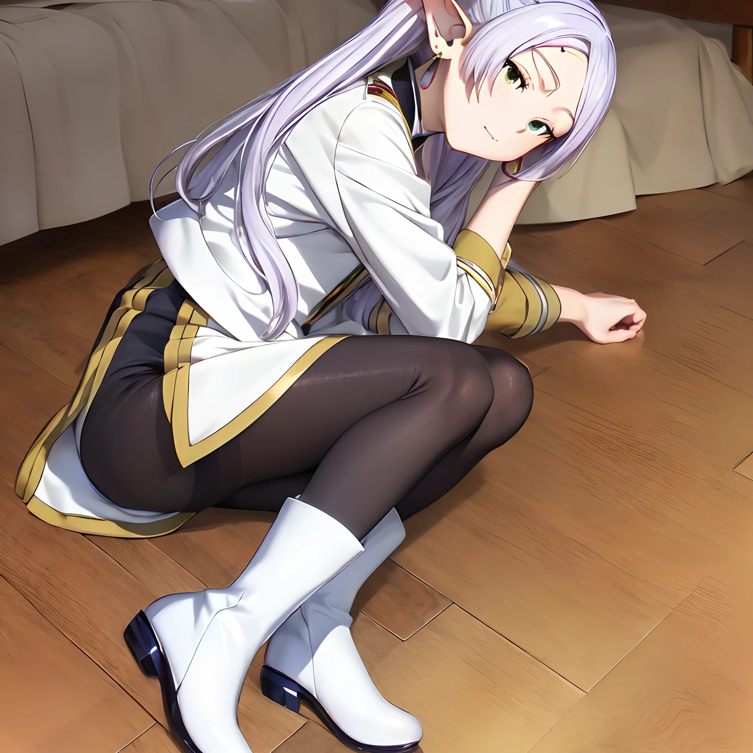 ((masutepiece)), (Best Quality), hight resolution, Ultra-detailed,
1girl in, earrings, elf, Long hair, Long sleeves, pointy ear, Solo, Twin-tailed, Green eyes, earrings, White hair, Looking at Viewer,
white capelet, long boots, Brown Footwear, ((Black pantyhose)),Bedroom、on the beds、(Sit up)