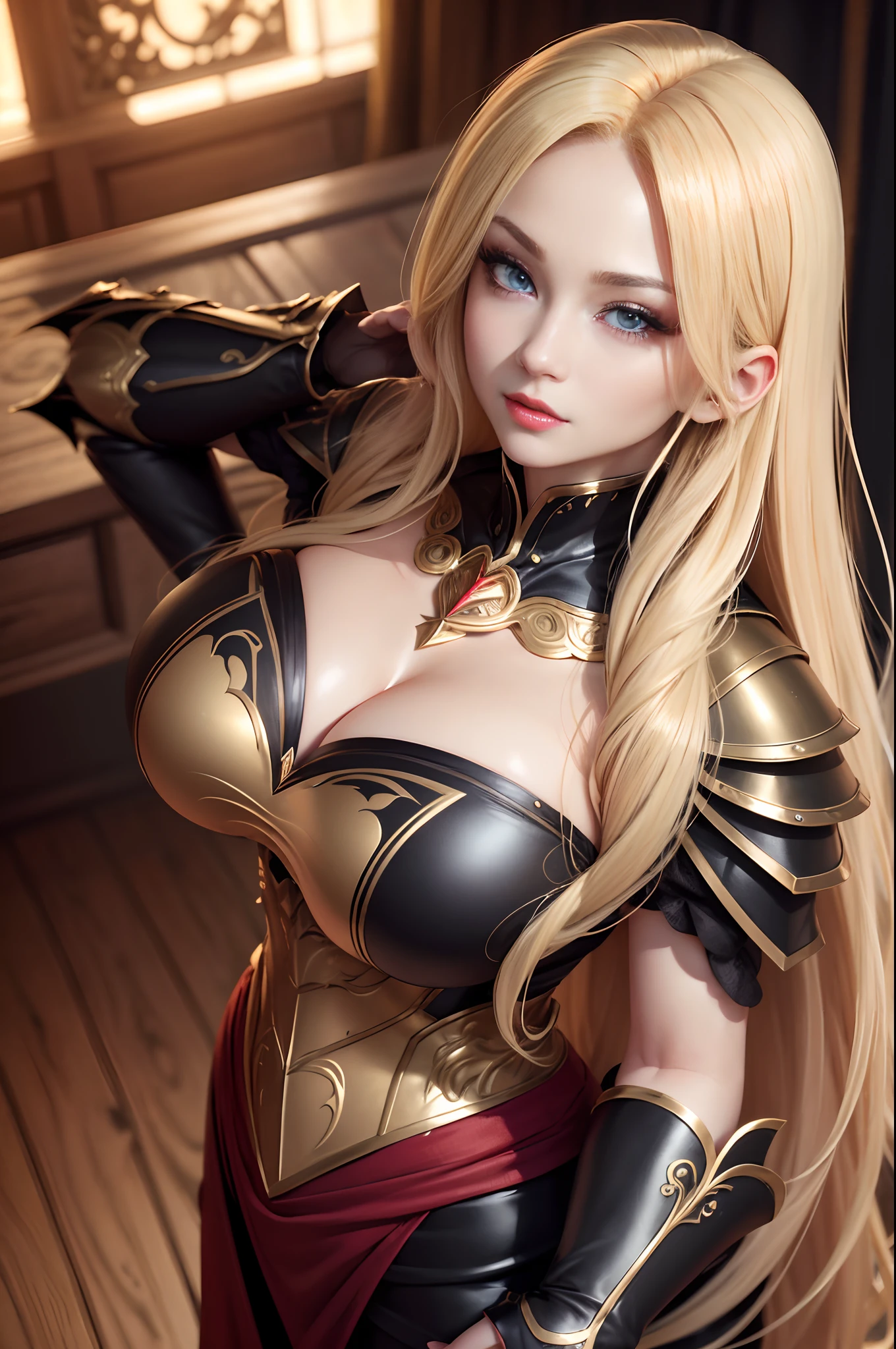 ((8K,High image quality High image quality、masterpiece:1.4))、1 person、A MILF、Long Blonde Hair、gradation hair、Super Beautiful Demon Hunter、beautiful expression、red-lips,beautidful eyes、Models with large breasts、Perfect face shape、Black and red sexy chest armor、Glossy black and red trousers and legers,With a large kissel,Golden decoration,Realistic proportions、Dynamic Poses、high details、Convoluted、intricate-detail、Realistic eyes、Realistic eye proportions、foco nítido、32K、Realistic lighting、Extreme details、Realistic pupils、realistic proportion eyes、Pupils of realistic proportions、Realistic Shadows、Evafee