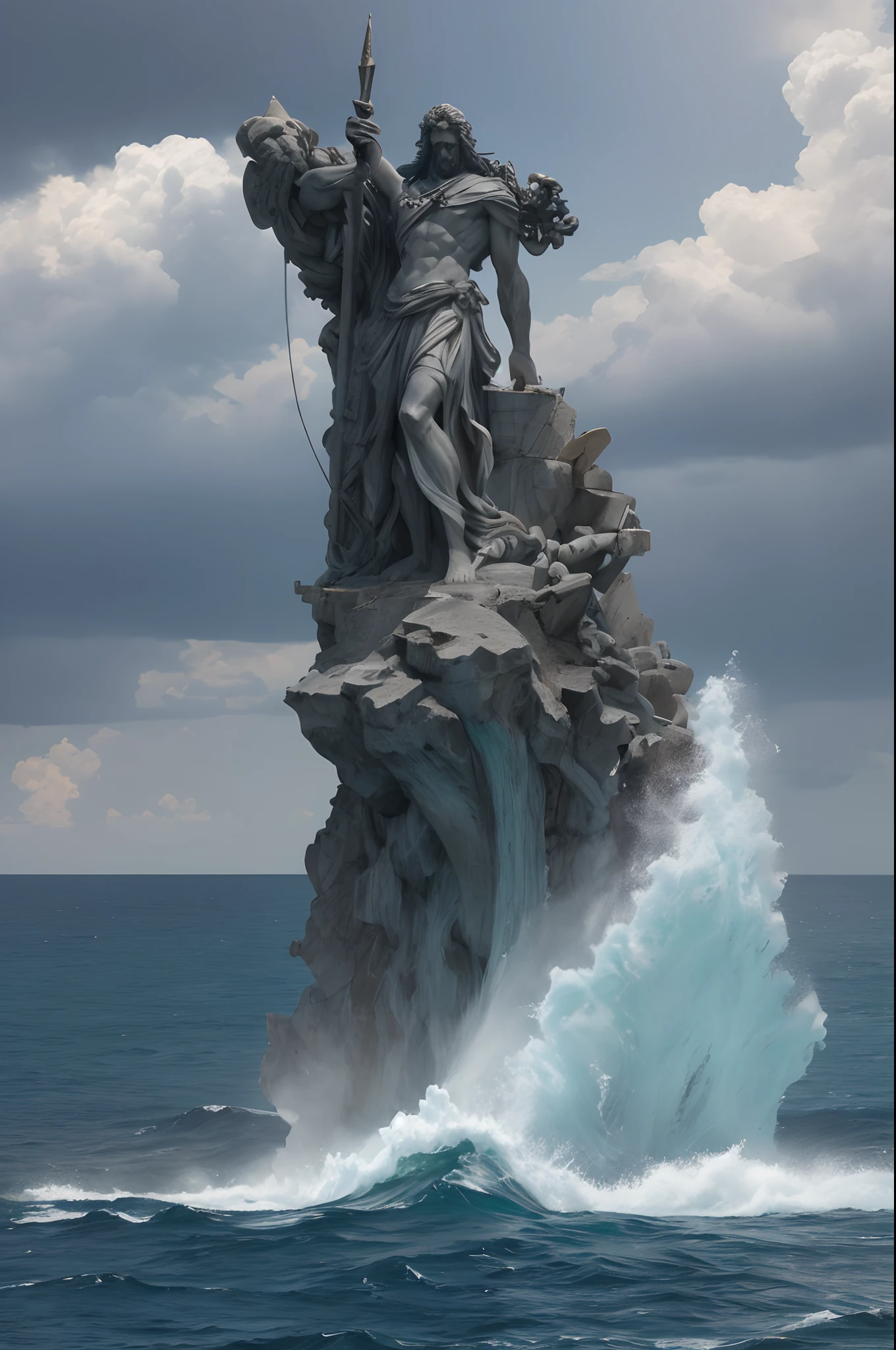Create an image of Poseidon using his trident to smooth choppy waters in the Mediterranean Sea to allow for a U.s. Carrier strike group will pass safely to be stationed off the coast of Israel and Lebanon. The commander of the carrier's strike group is kneeling on the deck of the carrier praying that Poseidon will allow safe passage. The sky is a mix of dark clouds with lightning and bright clouds with sunshine. The Israeli and Lebanese coasts that are being tackled have culturally important buildings visible.