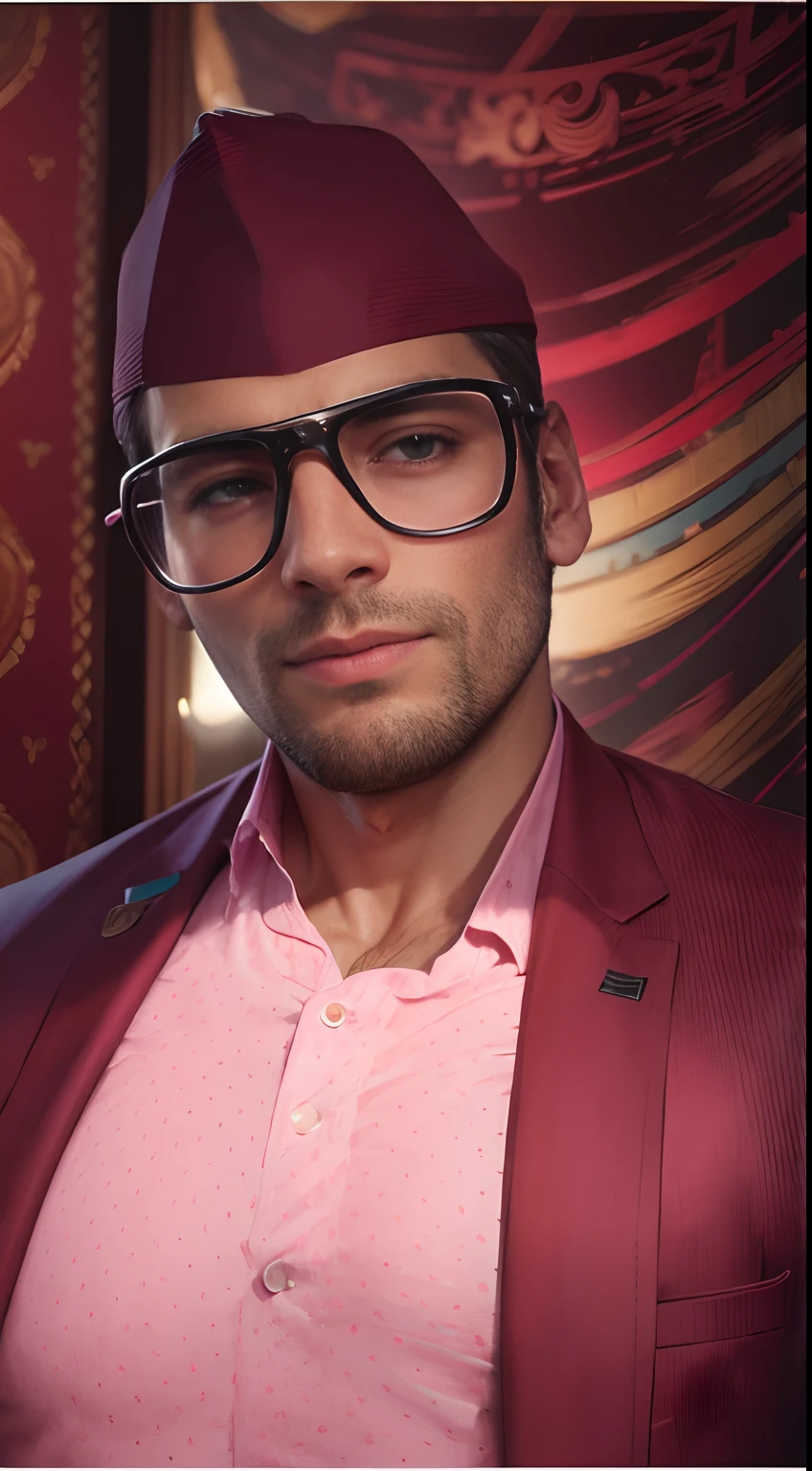 Realistic face handsome boy, change background,standing pose with a pink suit