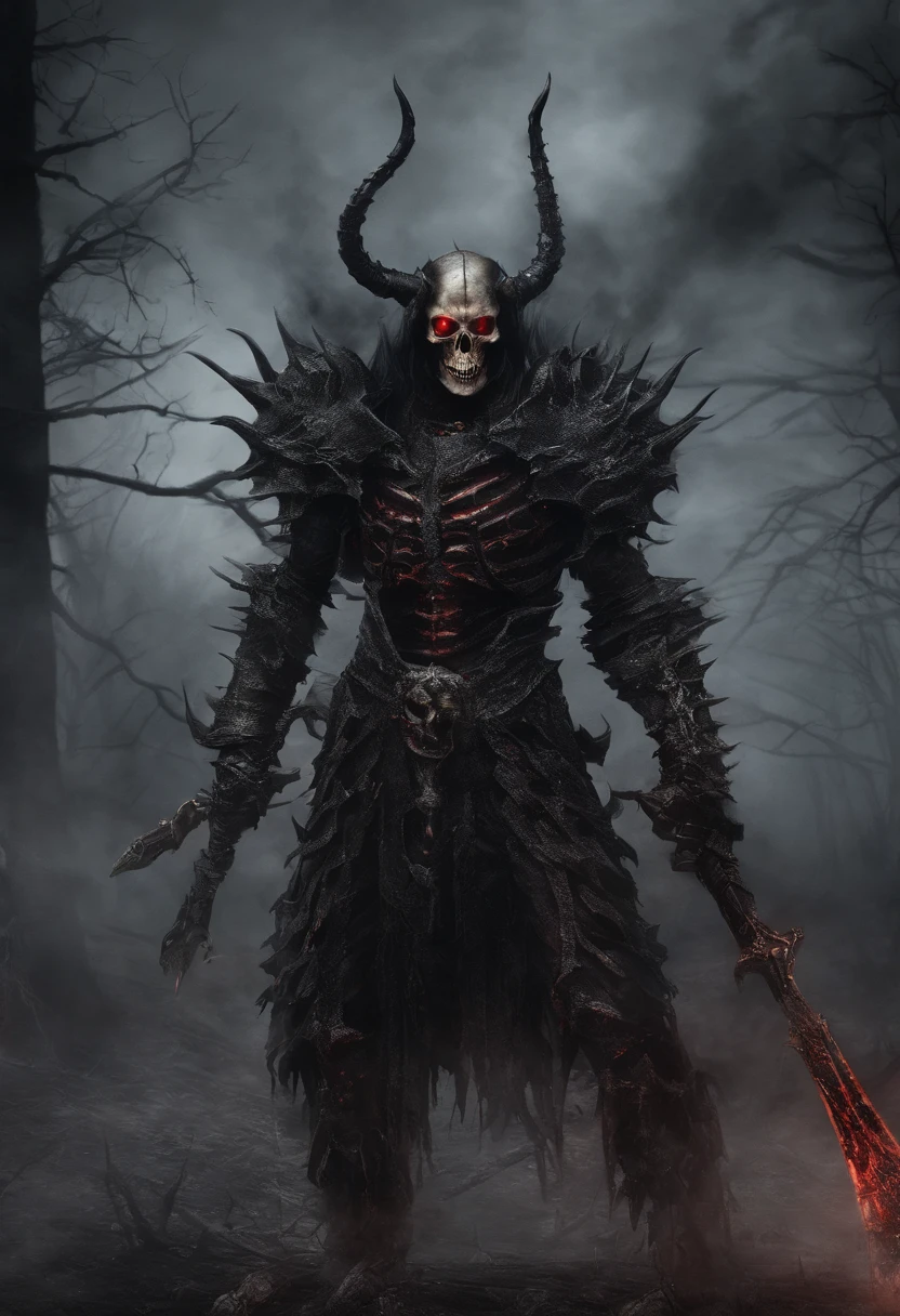 devil horns，Claws，battleaxe，Spooky environment，dentes pontiagudos，Berserker，full bodyesbian，Powerful aura，A strong sense of oppression，incredibly detailed，Red-eyed skeleton，The flames of hell are raging，Skeleton Legion，Ultra photo realsisim, art ,  close up potrait