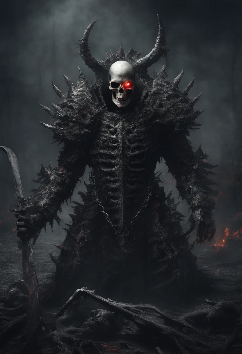 devil horns，Claws，battleaxe，Spooky environment，dentes pontiagudos，Berserker，full bodyesbian，Powerful aura，A strong sense of oppression，incredibly detailed，Red-eyed skeleton，The flames of hell are raging，Skeleton Legion，Ultra photo realsisim, art ,  close up potrait