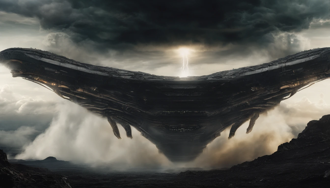(masterpiece), best quality, the ground split in two showing a huge chasm descending into darkness with smoke rising. dramatic angle, extreme angle shot, low-angle shot, wide-angle shot, dark moody storm-clouds