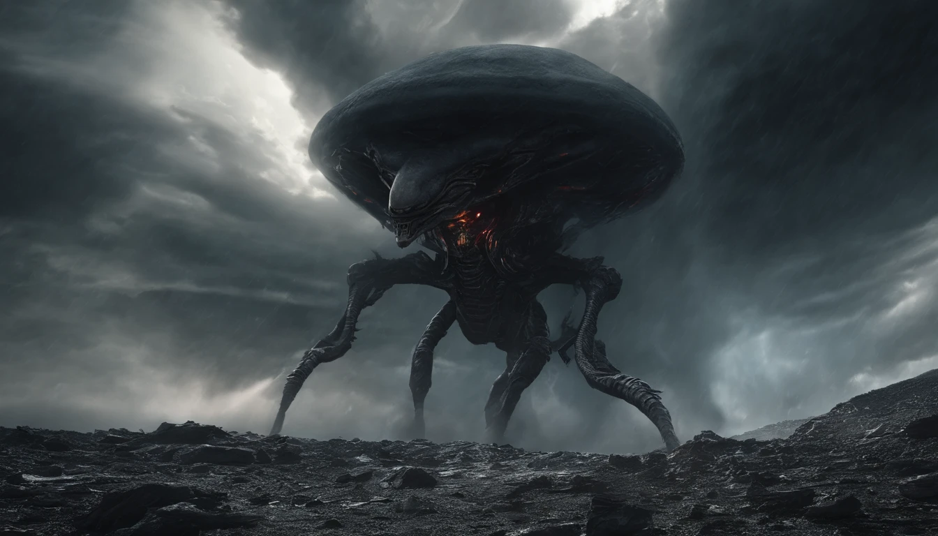 (masterpiece), best quality, the ground split in two showing a huge chasm descending into darkness with smoke rising. dramatic angle, extreme angle shot, low-angle shot, wide-angle shot, dark moody storm-clouds