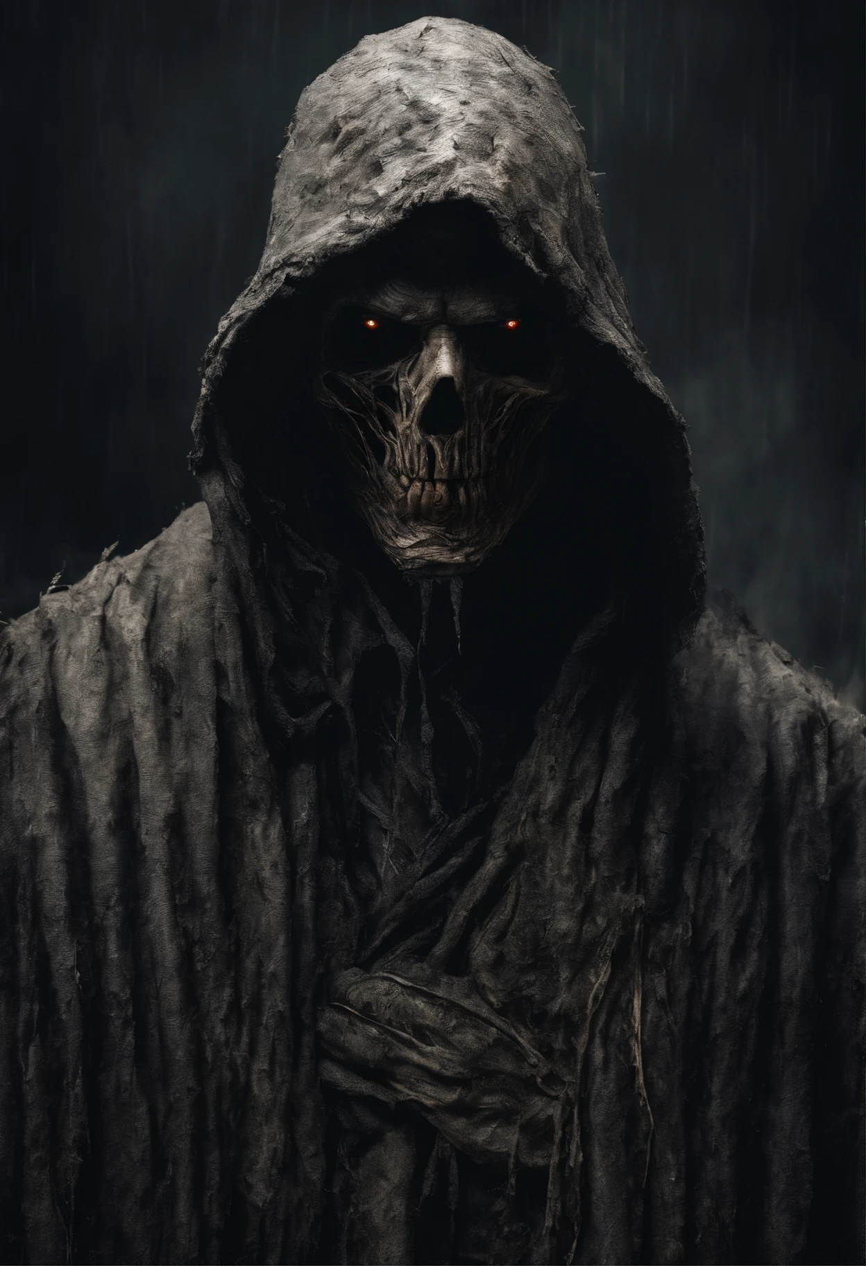 Close up potrait,waist up, very old, half of the face deformed and melted, tall, two meters, black aura, scary, dirty, beggar, short gray hair, pale and wrinkled skin, sparse beard, yellowish pupils, hunched posture, penetrating and evil, torn clothes,(hoddy) cloak of raven feathers on the back, body covered with bands and hood, fog, horror, fear, frightening, suspense, mysterious