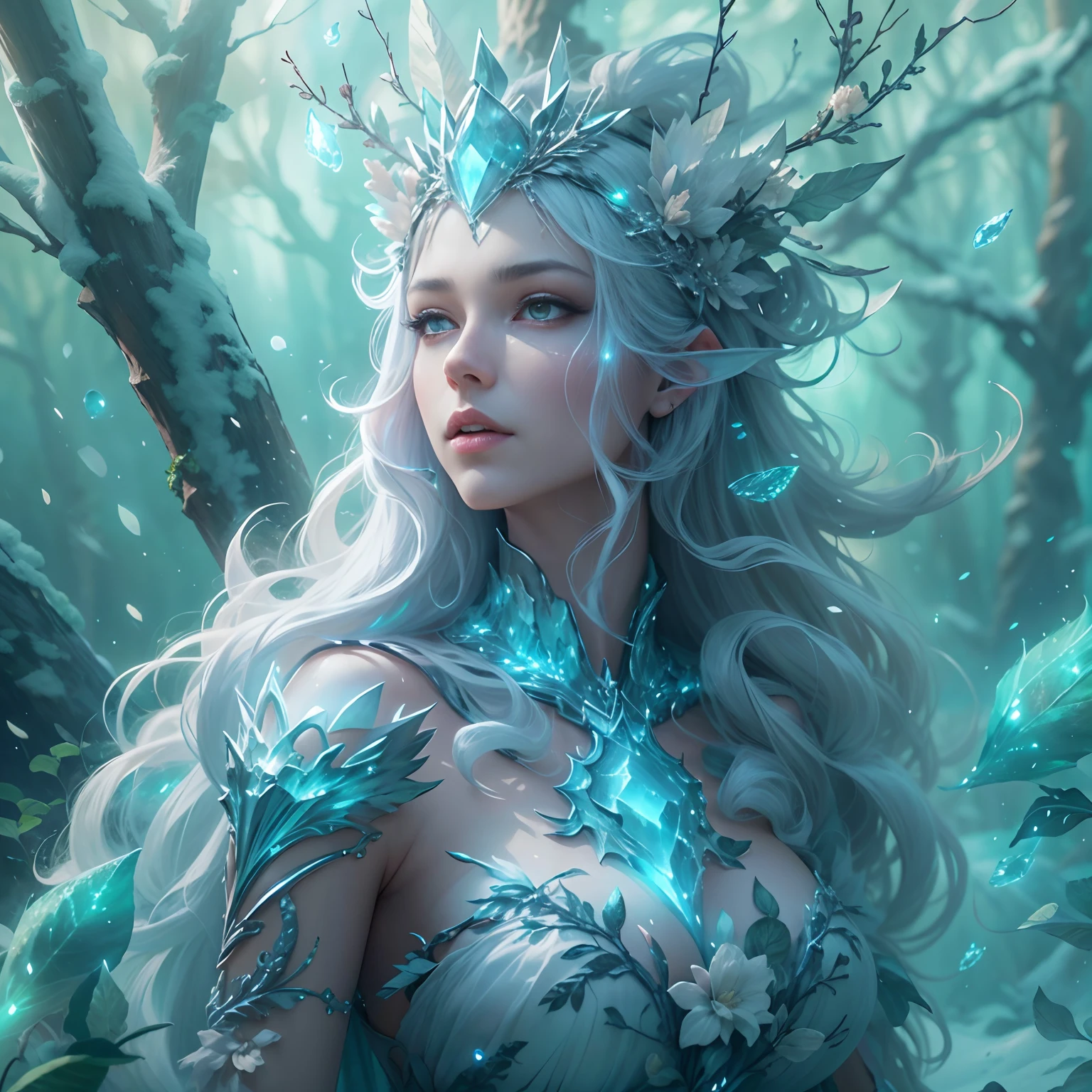 tmasterpiece,Best quality at best,high high quality,extremely detaile,8K,Fantastic snow and ice jungle, queen of ice and storm, goddess of winter,Colorful ice magic,glowing sprites,Natural elements in the forest theme,Colorful snow and ice jungle,Epic fantasy art style,Delicate leaves and branches are surrounded by fireflies(nature elements),(Jungle theme),(Foliage),(tree branch),(glowworm),(Particle effect)and other 3D, Octane rendering,Ray traching,Super meticulous,Depicting the harmony between man and nature, Epic fantasy art style, Epic fantasy art style HD, Epic fantasy digital art style, by Yang J, trending on artstation pixiv, Winter queen, Anime fantasy illustration, beautiful ancient frost witch, Arte conceitual de inverno, ice sorceress
