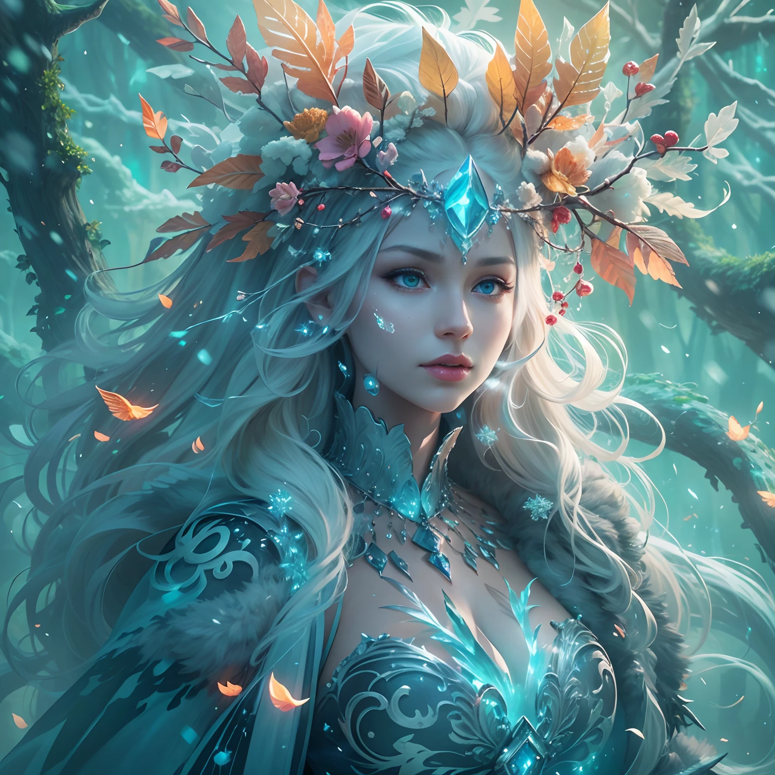 tmasterpiece,Best quality at best,high high quality,extremely detaile,8K,Fantastic snow and ice jungle, queen of ice and storm, goddess of winter,Colorful ice magic,glowing sprites,Natural elements in the forest theme,Colorful snow and ice jungle,Epic fantasy art style,Delicate leaves and branches are surrounded by fireflies(nature elements),(Jungle theme),(Foliage),(tree branch),(glowworm),(Particle effect)and other 3D, Octane rendering,Ray traching,Super meticulous,Depicting the harmony between man and nature, Epic fantasy art style, Epic fantasy art style HD, Epic fantasy digital art style, by Yang J, trending on artstation pixiv, Winter queen, Anime fantasy illustration, beautiful ancient frost witch, Arte conceitual de inverno, ice sorceress