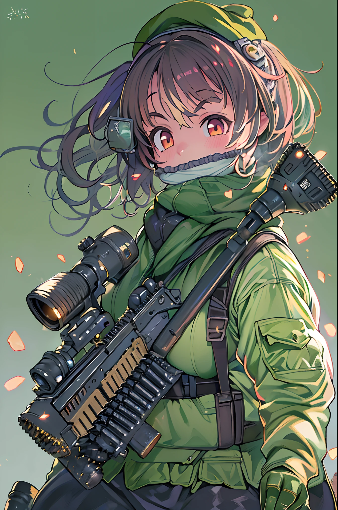 (((((Hold a huge assault rifle)))))、Long sideburns、Anime-style girl with beautiful whole body, clean detailed faces, ciber,analogous colors, Glowing shadows, beautiful gradients, depth of fields, CLEAN IMAGE, High quality,Black Parker Clothing、 high detailing, High Definition, blush, Fit, Heavenly Beauty, Very detailed,Smoking,((assault rifle))、sniper、Sniper rifle lance with a thin and long barrel、huge-breasted