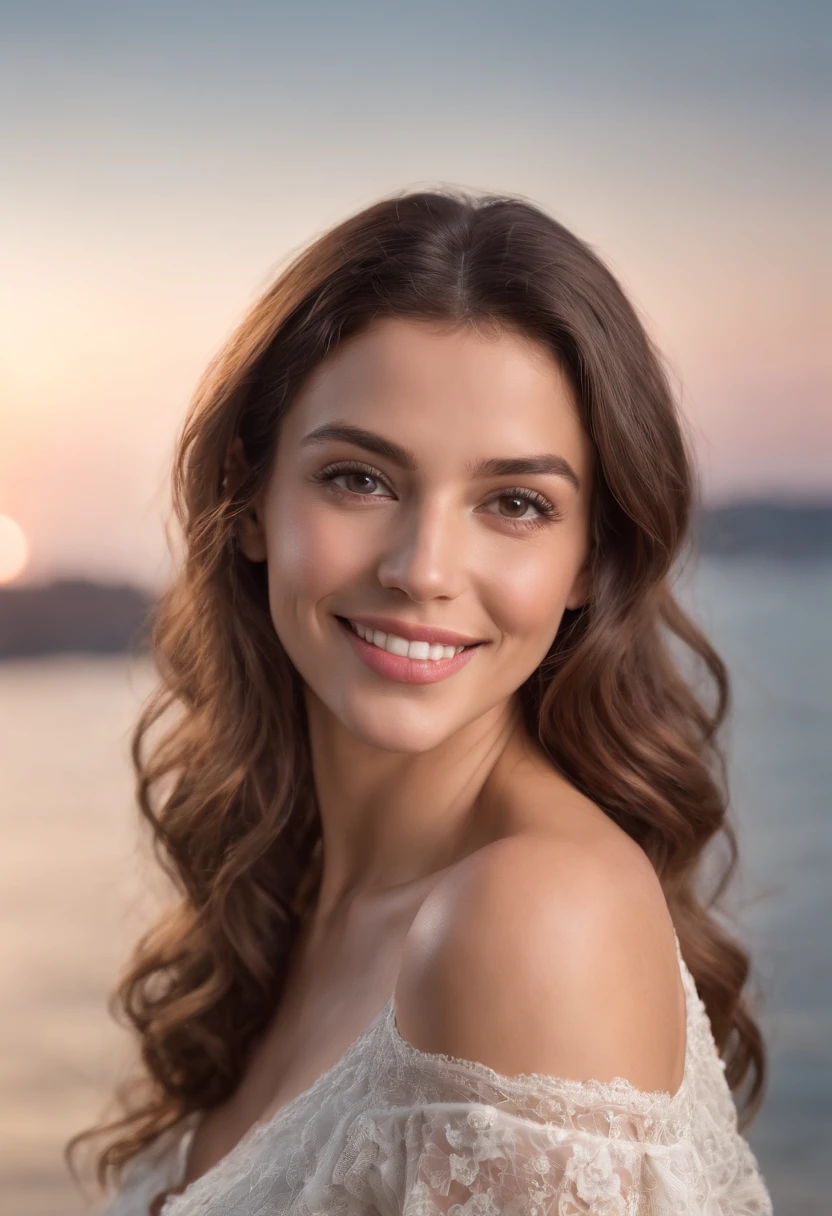european portuguese sexy 30 years woman, brunette curly long hair, brown eyes, smiling to camera, beautiful smile, sea on background with palmer, ultra realistic, beautiful eyes, full body picture, normal to big breast, detailed face, perfect skin, looking sexy at camera, trending on artgram, 50mm, stunning, studio, high quality photo, HQ