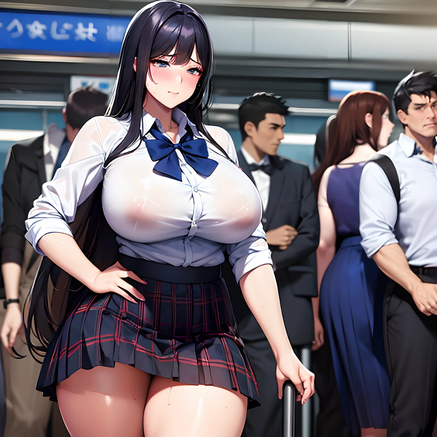 realistic anime art style,(tareme),(curvy body),black unkempt hair,bow tie,dress shirt,(navy pleated skirt),(plaid skirt),unpretentious adult woman standing in crowded train station,sweaty,nipple-through,(anguish and blushed)