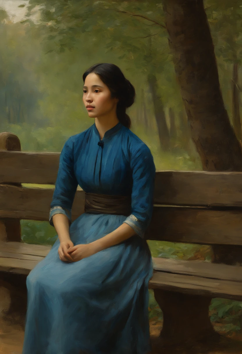 Painting of a young Vietnamese woman in blue Áo dài, Sitting on a bench in a wooded area, Eine junge Frau, Classical oil painting, von Jean Baptiste Camille Corot, young woman, Mihaly Munkacsy, inspired by Adolf Hirémy-Hirschl, William - Adolphe Bouguerea, junges Weibchen, Kizi, Young woman in a blue Áo dài dress, Ron Hicks, warme Fraben, Herbstsonne