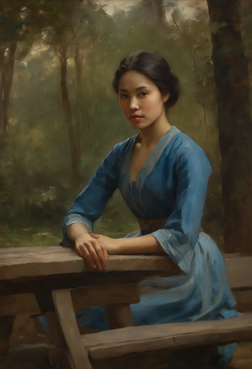 Painting of a young Vietnamese woman in blue Áo dài, Sitting on a bench in a wooded area, Eine junge Frau, Classical oil painting, von Jean Baptiste Camille Corot, young woman, Mihaly Munkacsy, inspired by Adolf Hirémy-Hirschl, William - Adolphe Bouguerea, junges Weibchen, Kizi, Young woman in a blue Áo dài dress, Ron Hicks, warme Fraben, Herbstsonne