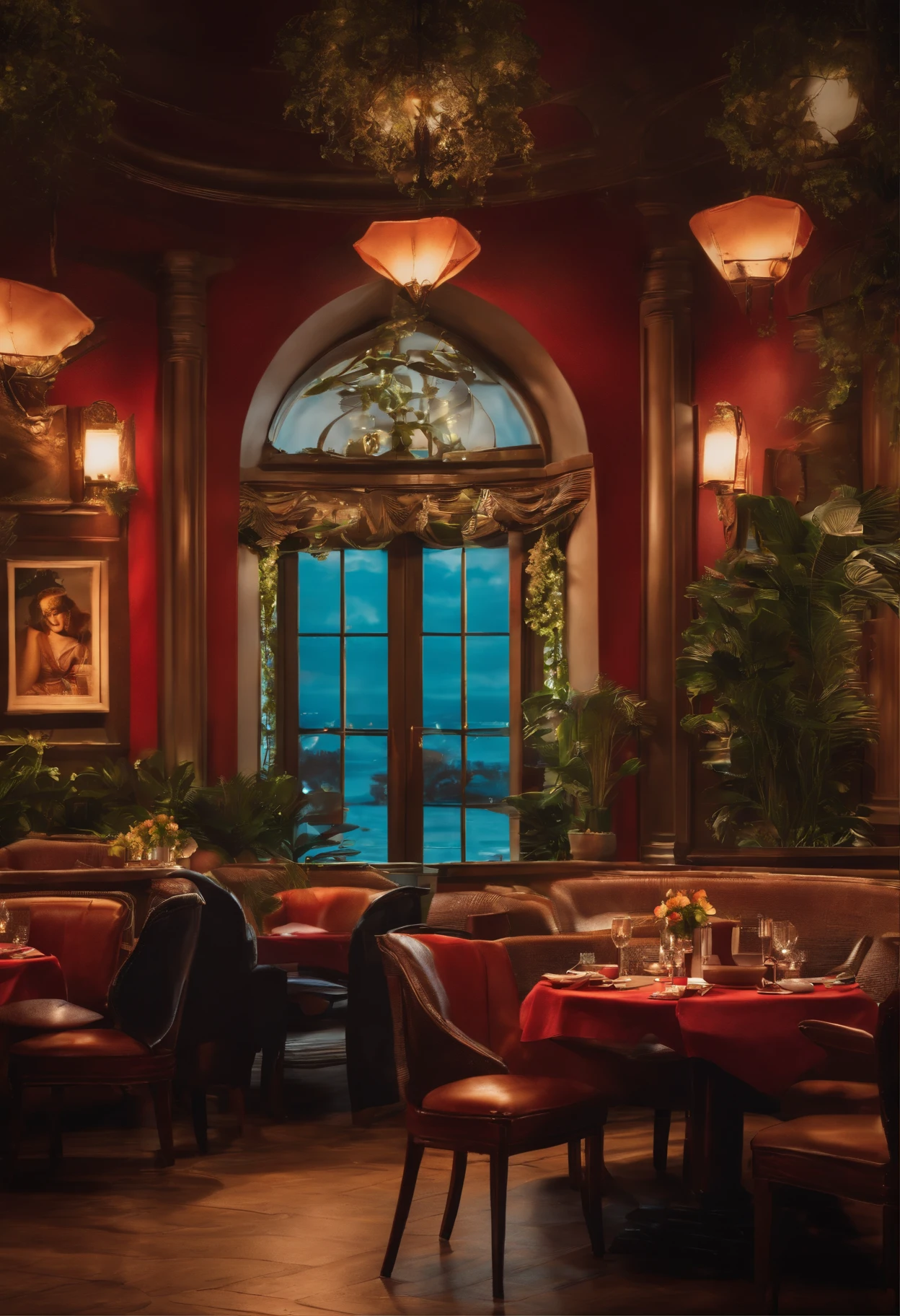 In a restaurant sitting in a chair doing dinner with delicious food