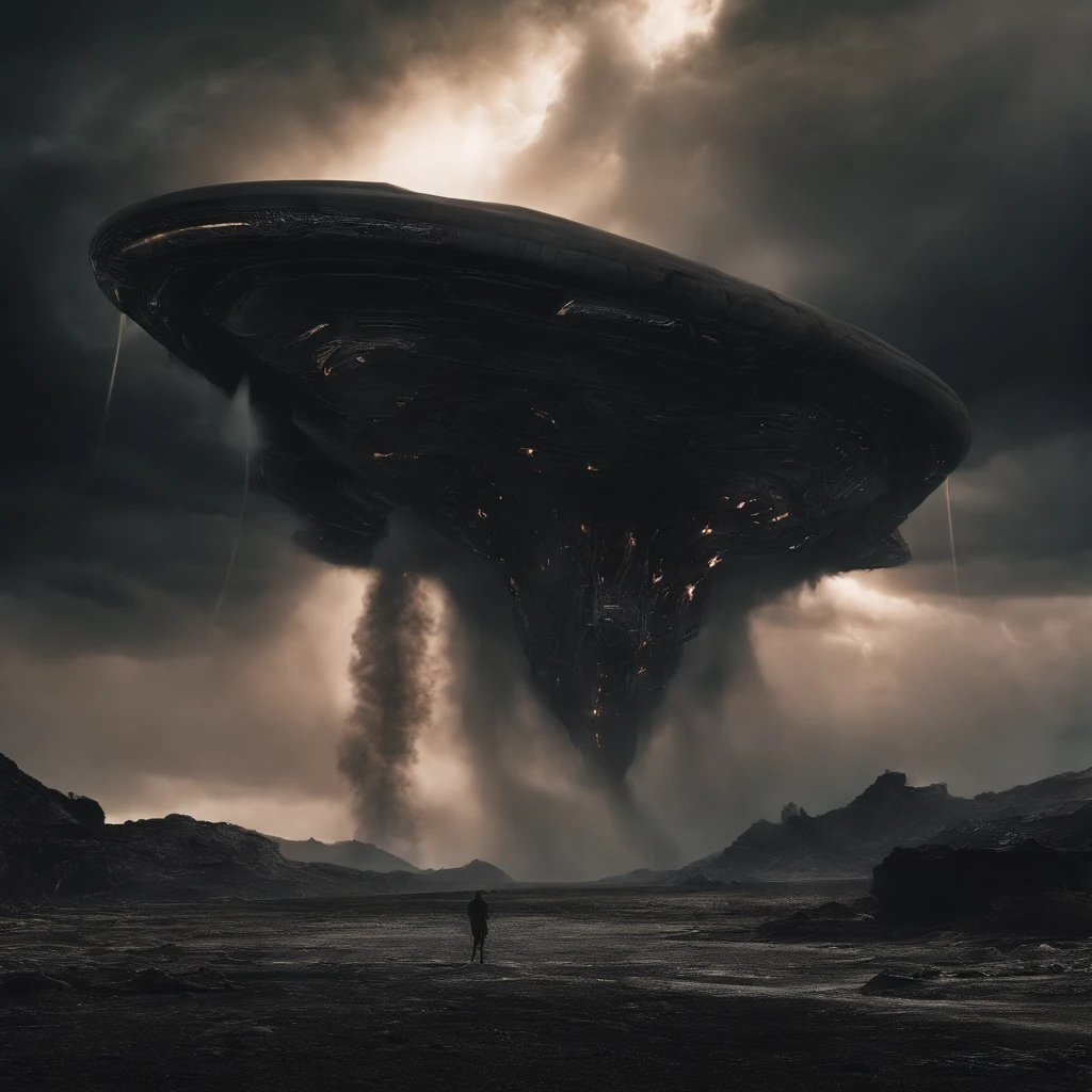 (masterpiece), best quality, the ground split in two showing a huge chasm descending into darkness with smoke rising. dramatic angle, extreme angle shot, low-angle shot, wide-angle shot, dark moody storm-clouds