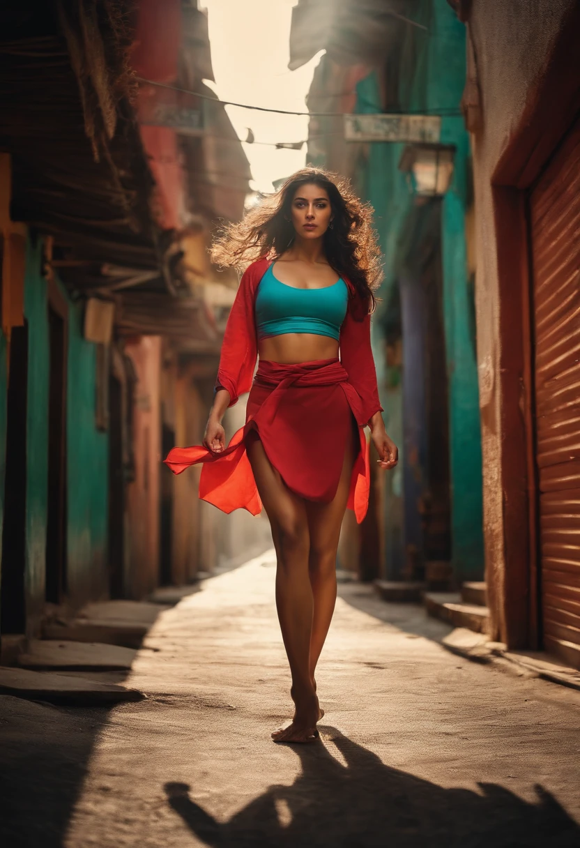 arabic taekwondo woman in thongs and miniskirt kicking, bad guy, dark alley