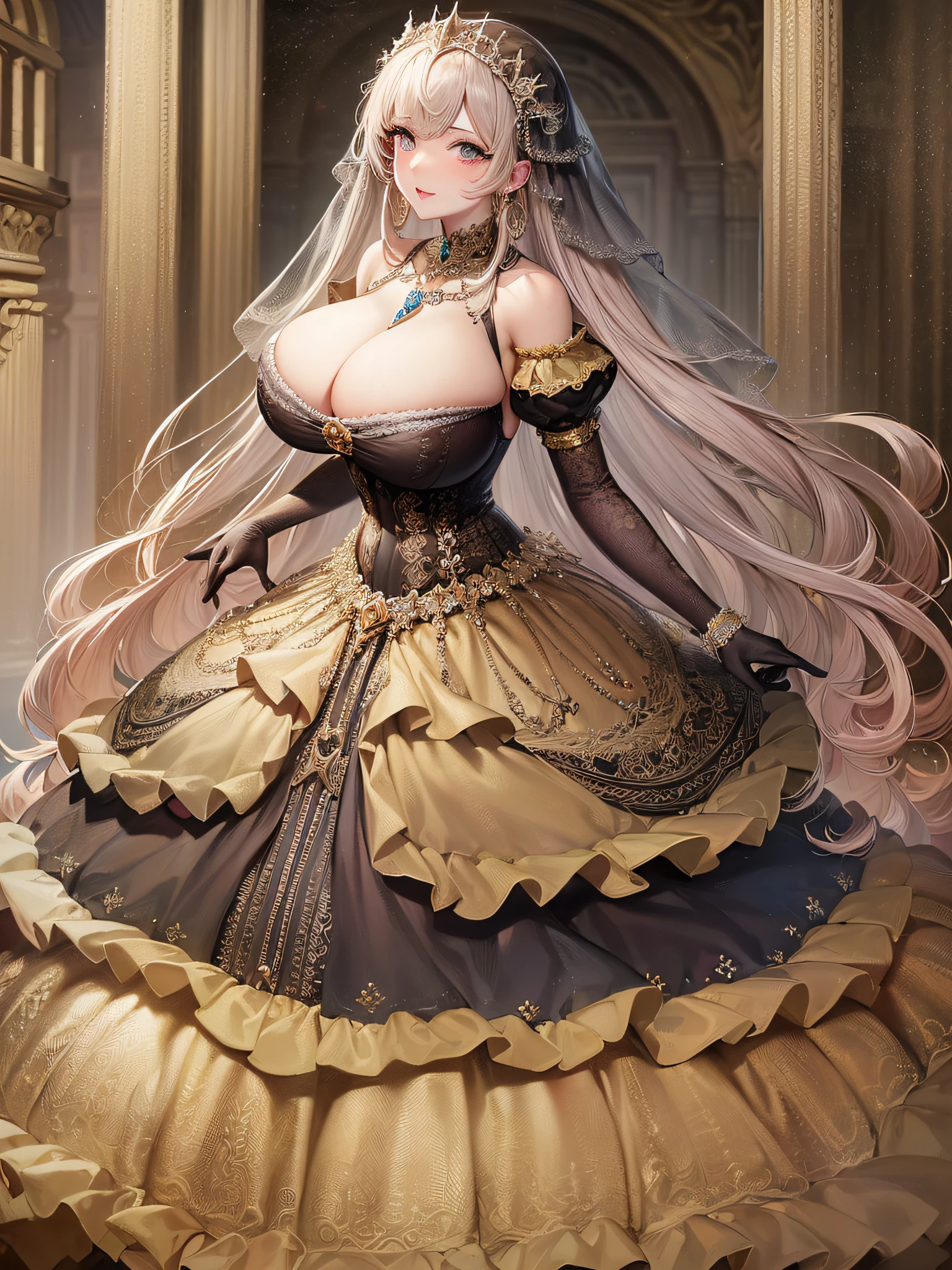 ((anime artstyle)),(Masterpiece),(Best Quality), (Super Detail),(Highly Detailed CG Unity 8k wallpaper),((Very Delicate and Beautiful)),cinematic lighting,1 girl,((full body portrait)),((standing in garden)),((solo)),(((1 fairytale princess in gorgeous embroidery and jeweled extremely gorgeous rococo princess ballgown with voluminous full length hoop skirt))),an hourglass waist,padded and corseted bodice,(((huge crinoline hoopskirt))),long train,((gorgeous embroidery and jeweled)),voluminous frills,See-through,(((extremely gigantic tits,skindentation))),cleavage,((absurdly Long Straight Hair,extremely voluminous Straight long Hair,absurdly Long Straight Hair)),(finely detailed face and eyes),(Blush,Smile),clear pupil,extremely gorgeousfull hair ornament,(bling-bling jeweled extremely gorgeousfull tiara),((bling-bling gorgeous gemstone jewelry)),gorgeous long veil,((ultra long gloves)),(beautiful background),(full body),((gorgeous embroidery and jeweled extremely gorgeous rococo princess ballgown with voluminous full length hoop skirt))