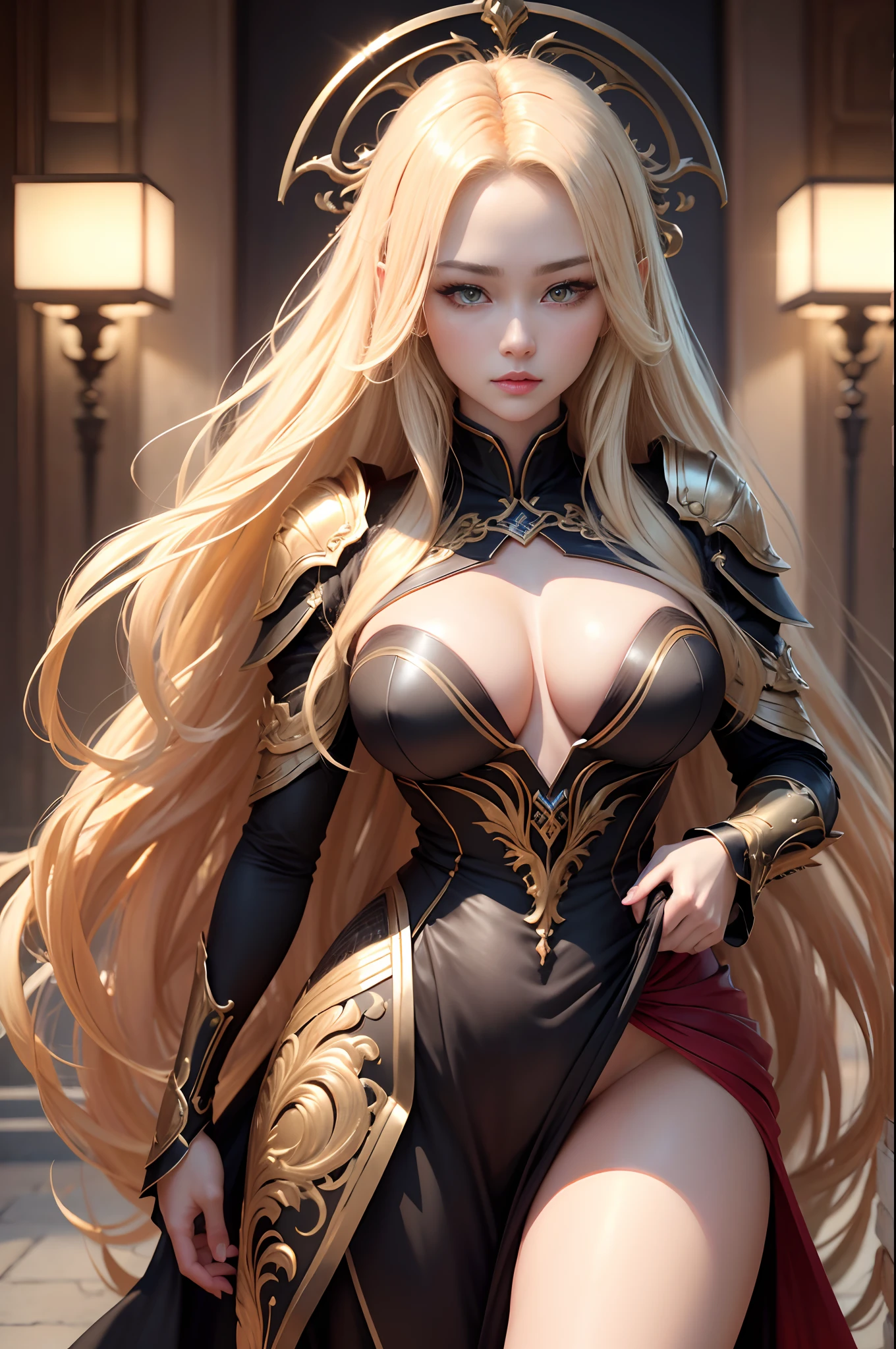 ((8K,High image quality High image quality、​masterpiece：1.4))、1、Long Blonde Hair、gradation hair、Super Beautiful Demon Hunter、beautiful expression、red-lips,beautidful eyes、Models with large breasts、Perfect face shape、Black and red sexy chest armor、Glossy black and red trousers and legers,With a large kissel,Golden decoration,Realistic proportions、Dynamic Poses、high details、Convoluted、intricate-detail、Realistic eyes、Realistic eye proportions、foco nítido、32K、Realistic lighting、Extreme details、Realistic pupils、realistic proportion eyes、Pupils of realistic proportions、Realistic Shadows、Evafee