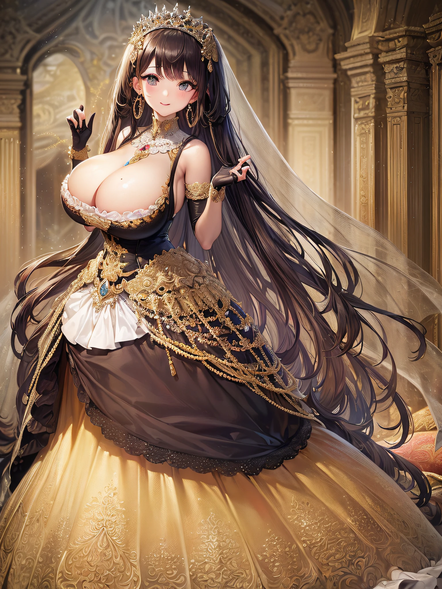 ((anime artstyle)),(Masterpiece),(Best Quality), (Super Detail),(Highly Detailed CG Unity 8k wallpaper),((Very Delicate and Beautiful)),cinematic lighting,1 girl,((full body portrait)),((standing in garden)),((solo)),(((1 fairytale princess in gorgeous embroidery and jeweled extremely gorgeous rococo princess ballgown with voluminous full length hoop skirt))),an hourglass waist,padded and corseted bodice,(((huge crinoline hoopskirt))),long train,((gorgeous embroidery and jeweled)),voluminous frills,See-through,(((extremely gigantic tits,skindentation))),cleavage,((absurdly Long Straight Hair,extremely voluminous Straight long Hair,absurdly Long Straight Hair)),(finely detailed face and eyes),(Blush,Smile),clear pupil,extremely gorgeousfull hair ornament,(bling-bling jeweled extremely gorgeousfull tiara),((bling-bling gorgeous gemstone jewelry)),gorgeous long veil,((ultra long gloves)),(beautiful background),(full body),((gorgeous embroidery and jeweled extremely gorgeous rococo princess ballgown with voluminous full length hoop skirt))