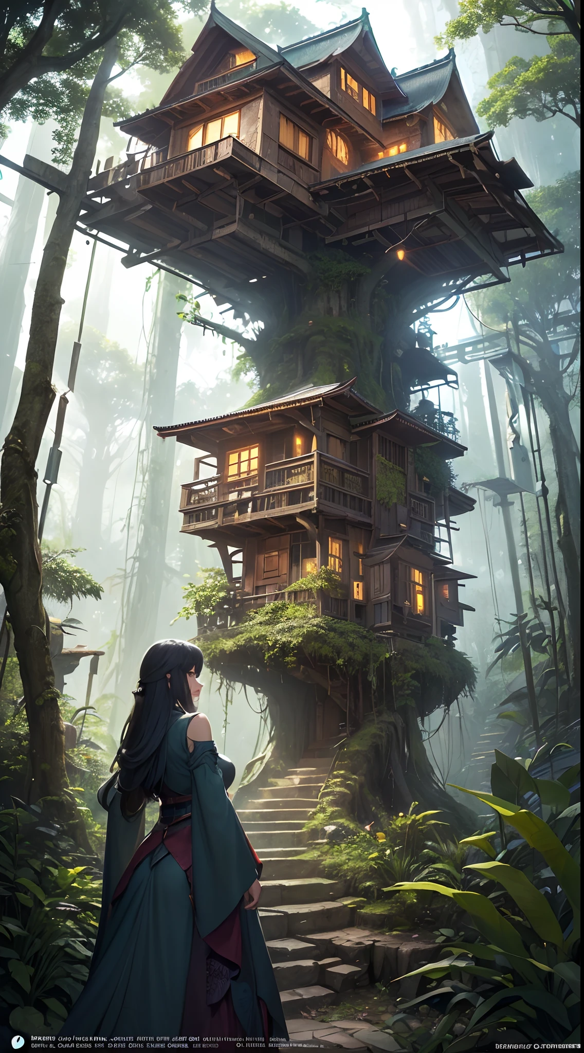 (beautiful tree house on a forest path,the house made up of forset,cyberpunk bloomcore flowers house,deconstruction architecture,biophilic design，anachronism，Fantastic Tropical Rainforest Landscape,The lush tropical rainforest, the giant trees passing through the middle of the room:1.45)，Eclectic architecture,Art Nouveau architecture,High-tech architecture with many giant tree, beautiful ancient trees,hiding large treasure chest, serene evening atmosphere, soft lens, soft light, cel - shading, animation, in the style of cgsociety, deviantart, artstation, zbrush, cinema 4 d, studio ghibli, akihiko yoshida, atelier lulua, masamune shirow,