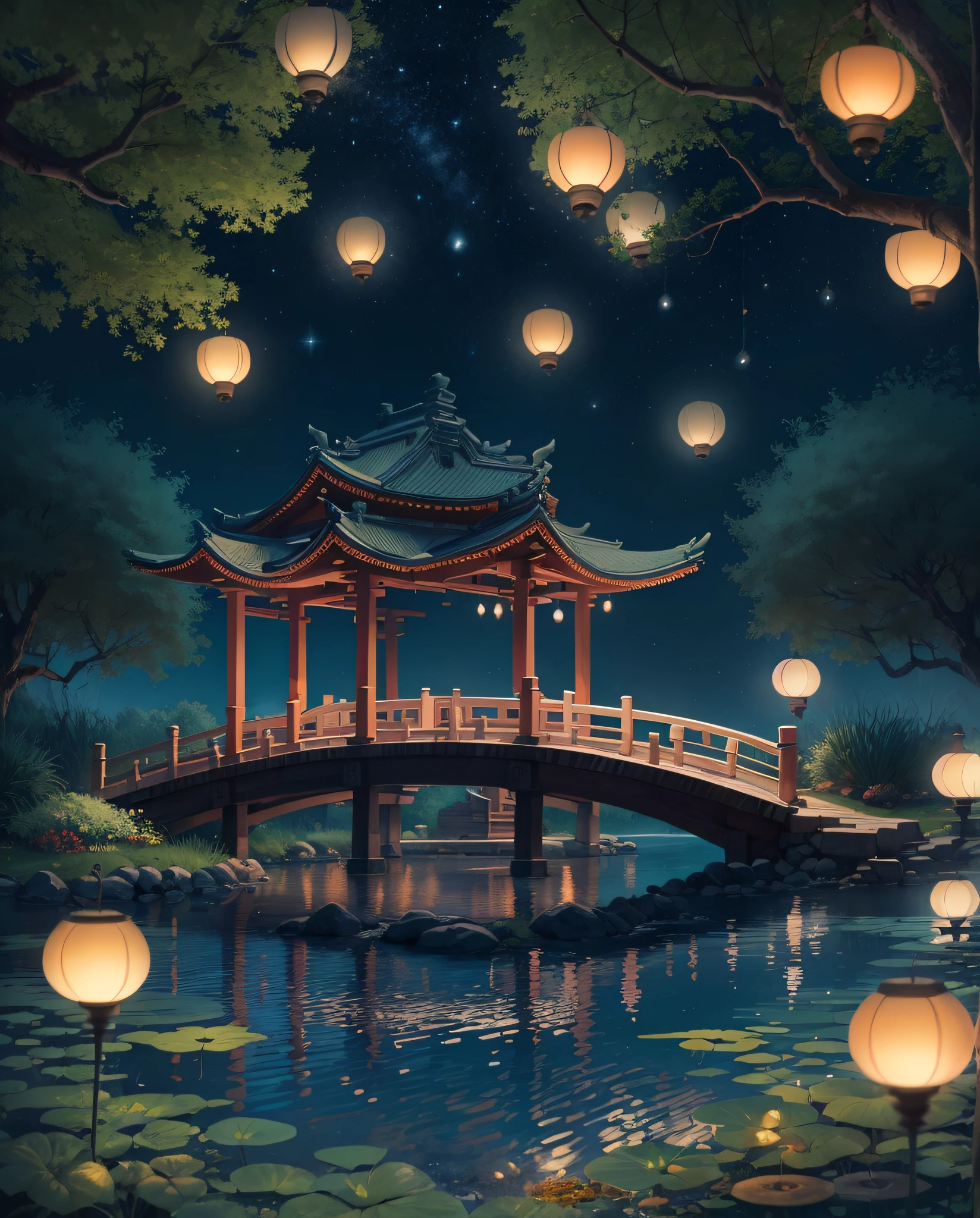 A nightscape inspired by Japanese art, with a garden lit by paper lanterns and a wooden bridge over a tranquil lake. The starry sky is reflected in the water, creating a magical environment. On the shore of the lake, there is a small Zen temple lit by candles, where people come to meditate. The leaves of the trees sway gently in the wind, creating a calm and tranquil atmosphere.