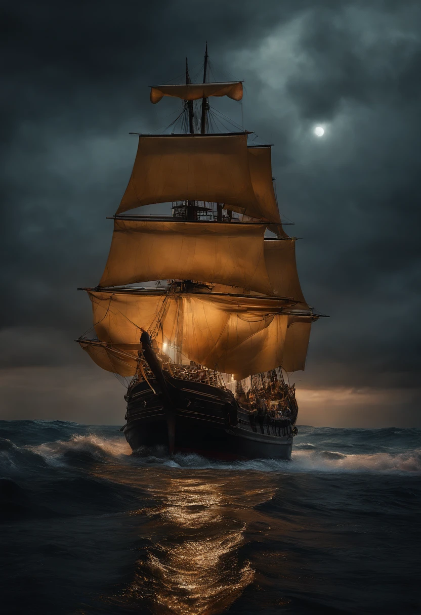 imagem real((oil paints ))pintura de paisagem,acrylic painting,Pinceladas,With unparalleled realism,ultrawide,Ominous skies,Veleiros,barcos de madeira,lotuses,ondas enormes,Noite estrelada,Harry Potter,voluminetric lighting,clareira,Realistic,Tiago Gurney,art stations,((Oil painting))navio pirata