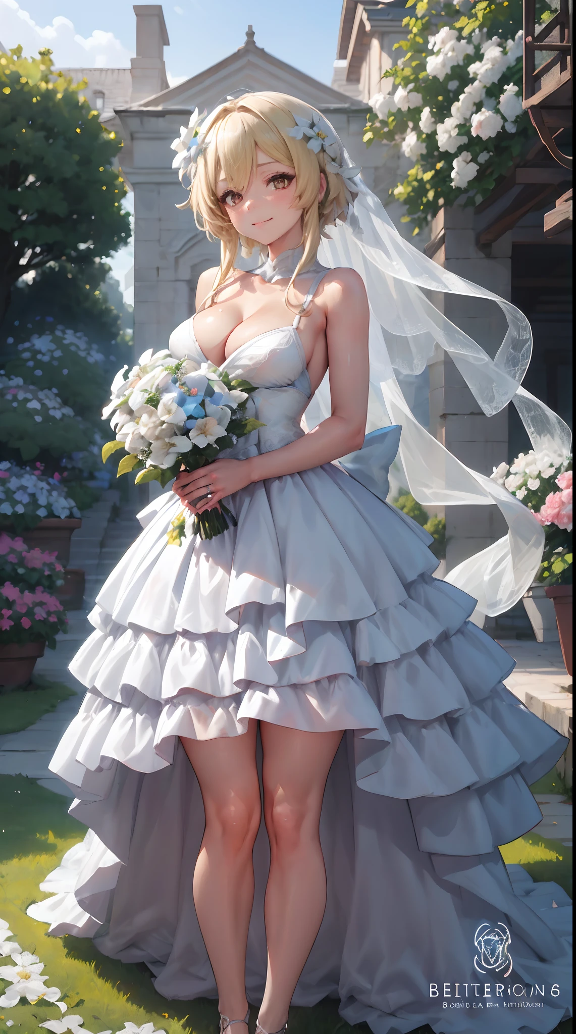 Lumine | genshin impact, master-piece, bestquality, 1girls,25 years old, proportional body, proportional., Wedding Dresses, White Wedding Dress, Long skirt, wedding, mediuml breasts, ,bara, Standing in the middle of a flower garden, outdoor, wedding, The sky is beautiful, Both hands hold a bouquet of flowers....................., View viewers from the front., Thigh strap, Head tilt, bored, 10, 10, HD, slight smile,