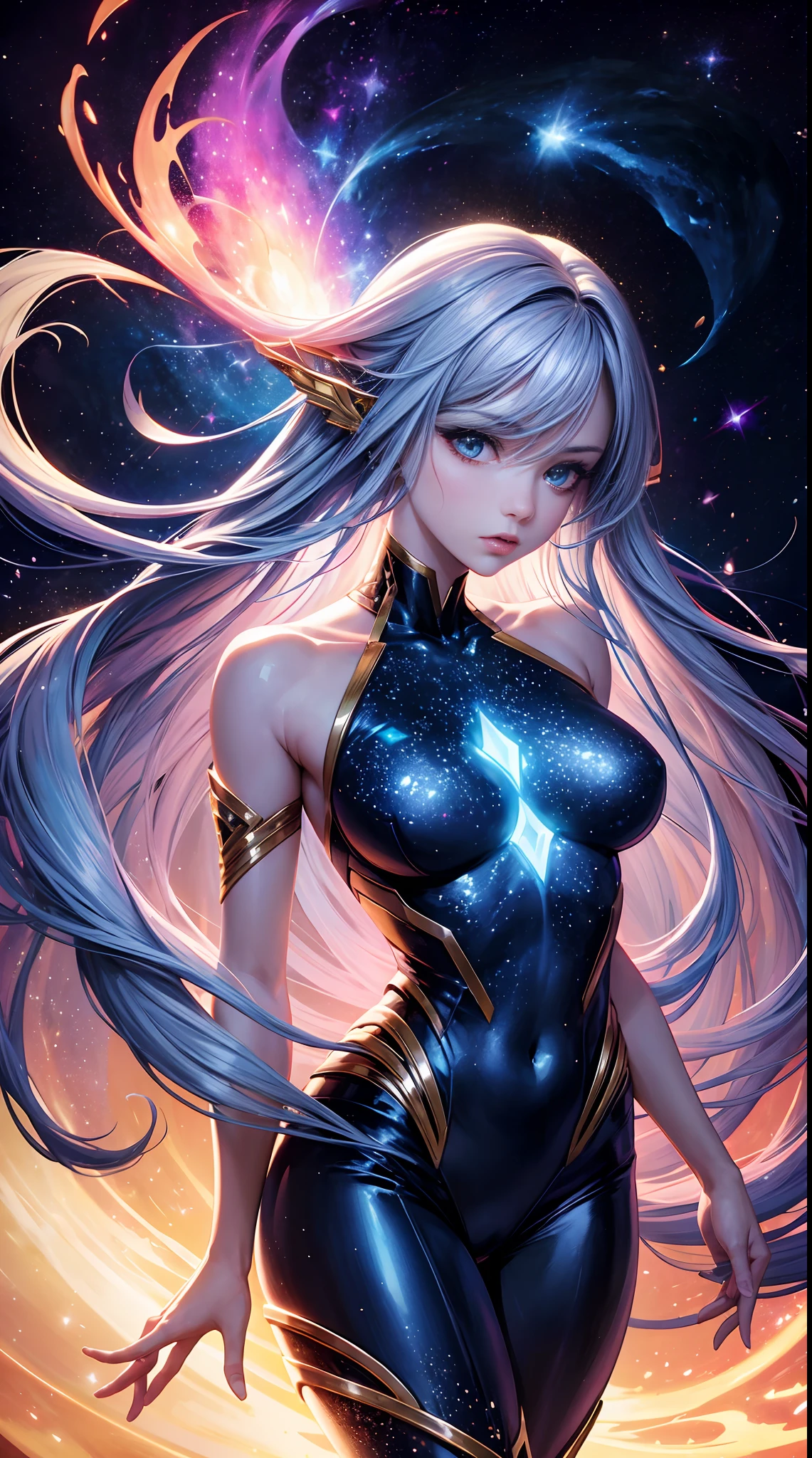 A epic beautiful and sexy cosmic entity woman with several galaxies running across her face and body in dc comics style