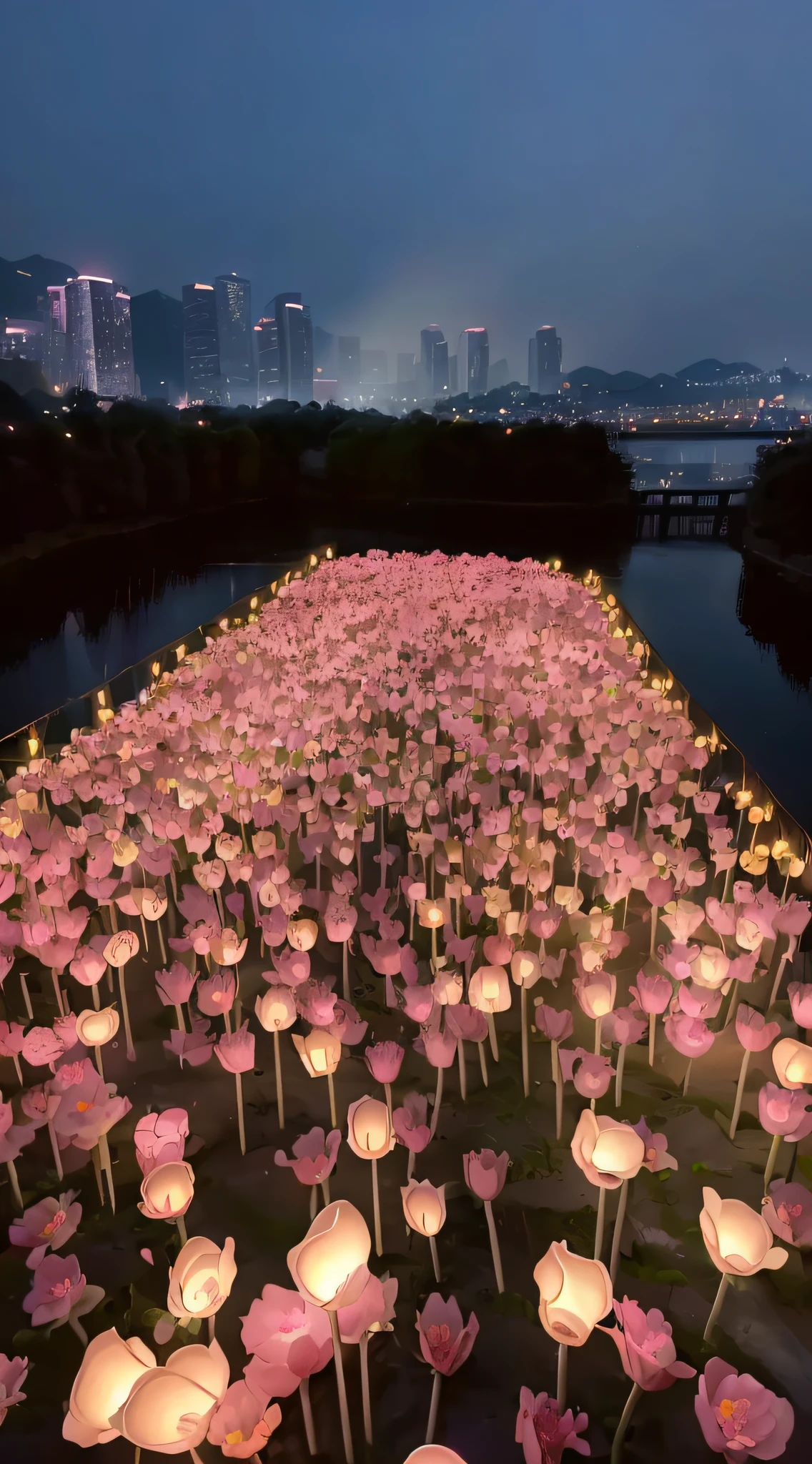 There are many pink flowers that are illuminated in the dark, Floating lights, Floating lanterns, Amazing!, stunning art, Amazing, floating candles, beautiful light up, field of flowers at night, , outdoor art installation, art installation, breathtaking art, Luminous flowers, illuminating the area, Seoul, Glowing flowers, beautiful art